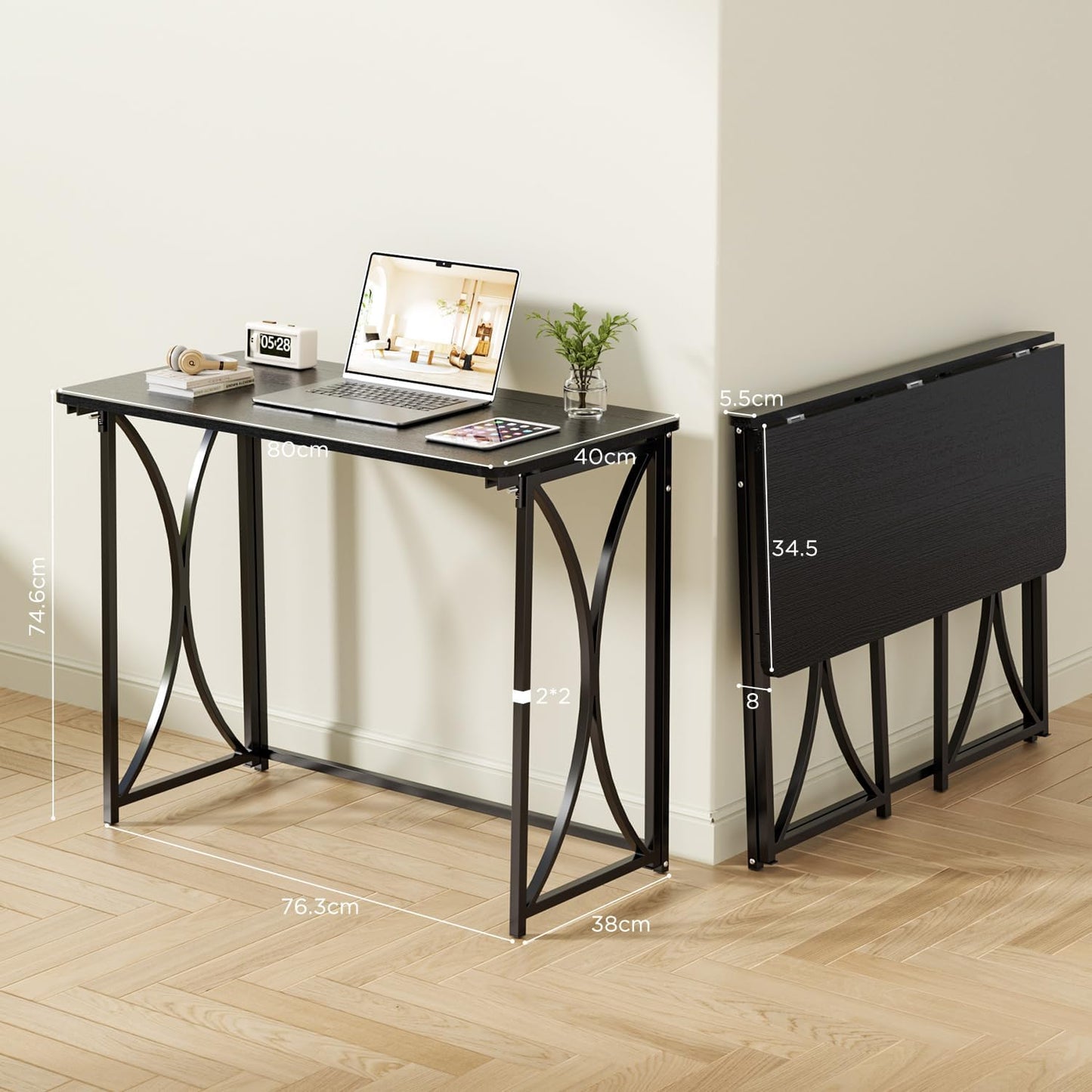 Folding Desk, 31.5" Small Desk for Bedroom, Space Saving Foldable Computer Desk for Home Office, Easy Assembly, Black