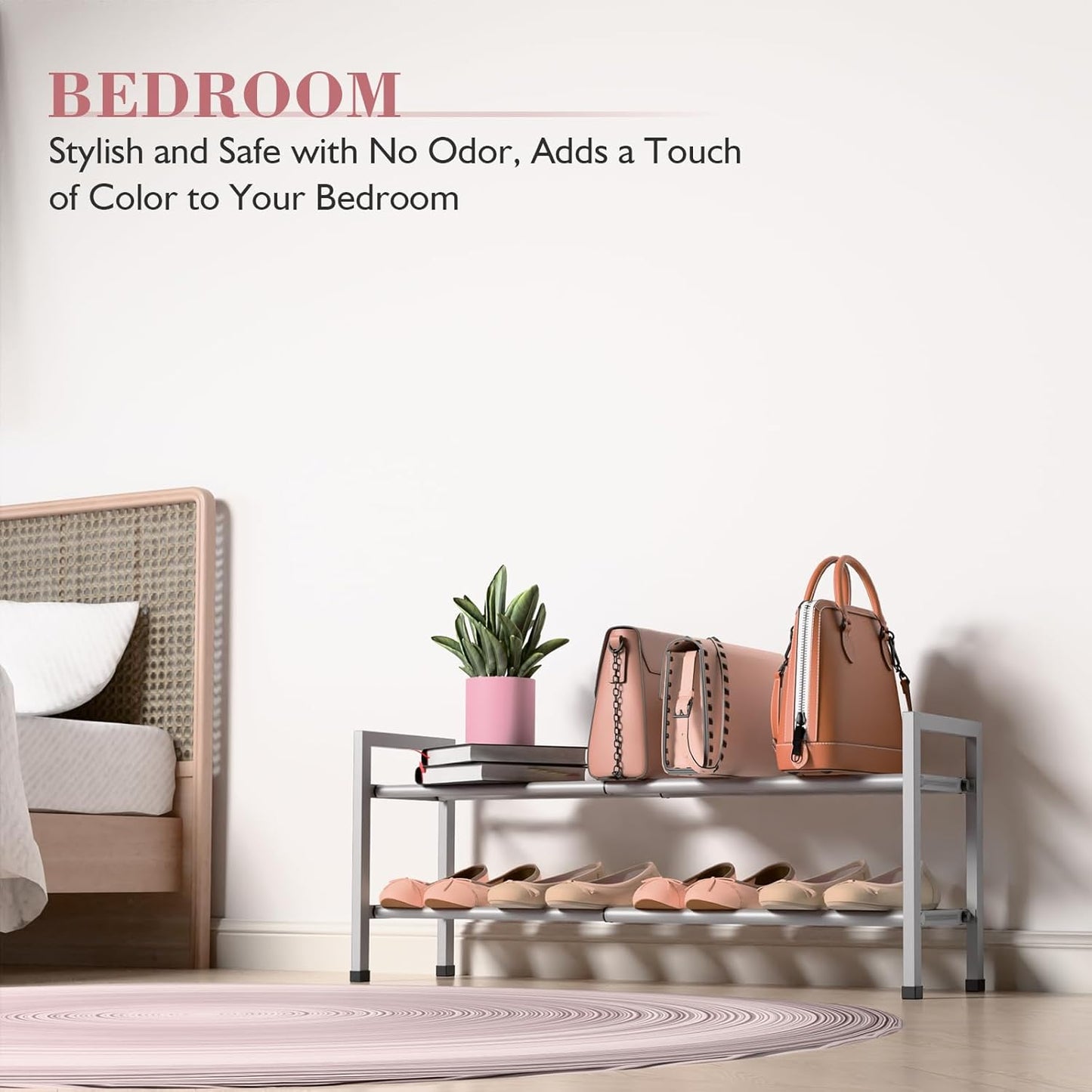 Bumusty 2 Tier Expandable Shoe Rack for Closet, 18“-33” Adjustable Shoe Rack for Small Space, Small Shoe Organizer for Front Door, Sturdy Metal, Light Grey