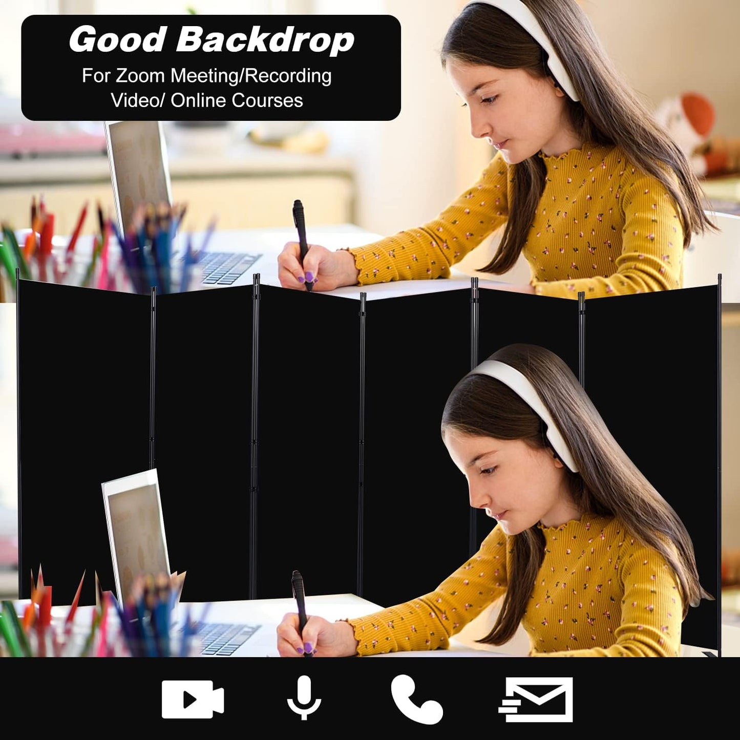 Room Divider, 6 Panel Folding Privacy Screens with Wider Support Feet, 6 Ft Portable Room Partition for Room Separator, 204" W X 71" H, Black