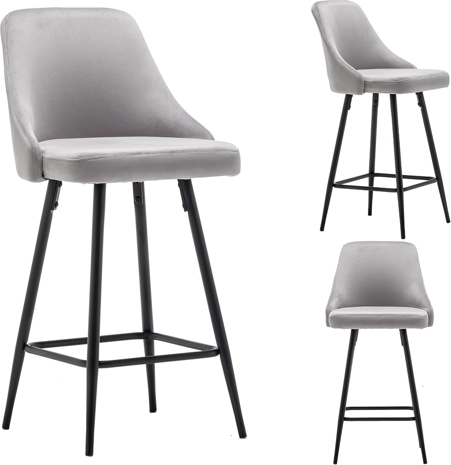 BTEXPERT® Set of 2, Premium upholstered Dining 25" High Counter Back Stool Bar Chairs, barstools Pack Gray Velvet