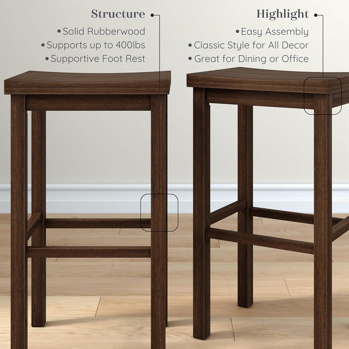 Grain & Grove Smith Collection Set of 2 Solid Wood Bar Stools, 30 inch Saddle-Seat Bar Chairs, Backless, Heavy-Duty Construction, Footrest Support, for Kitchen Islands, Home Bars, and Counters, Walnut