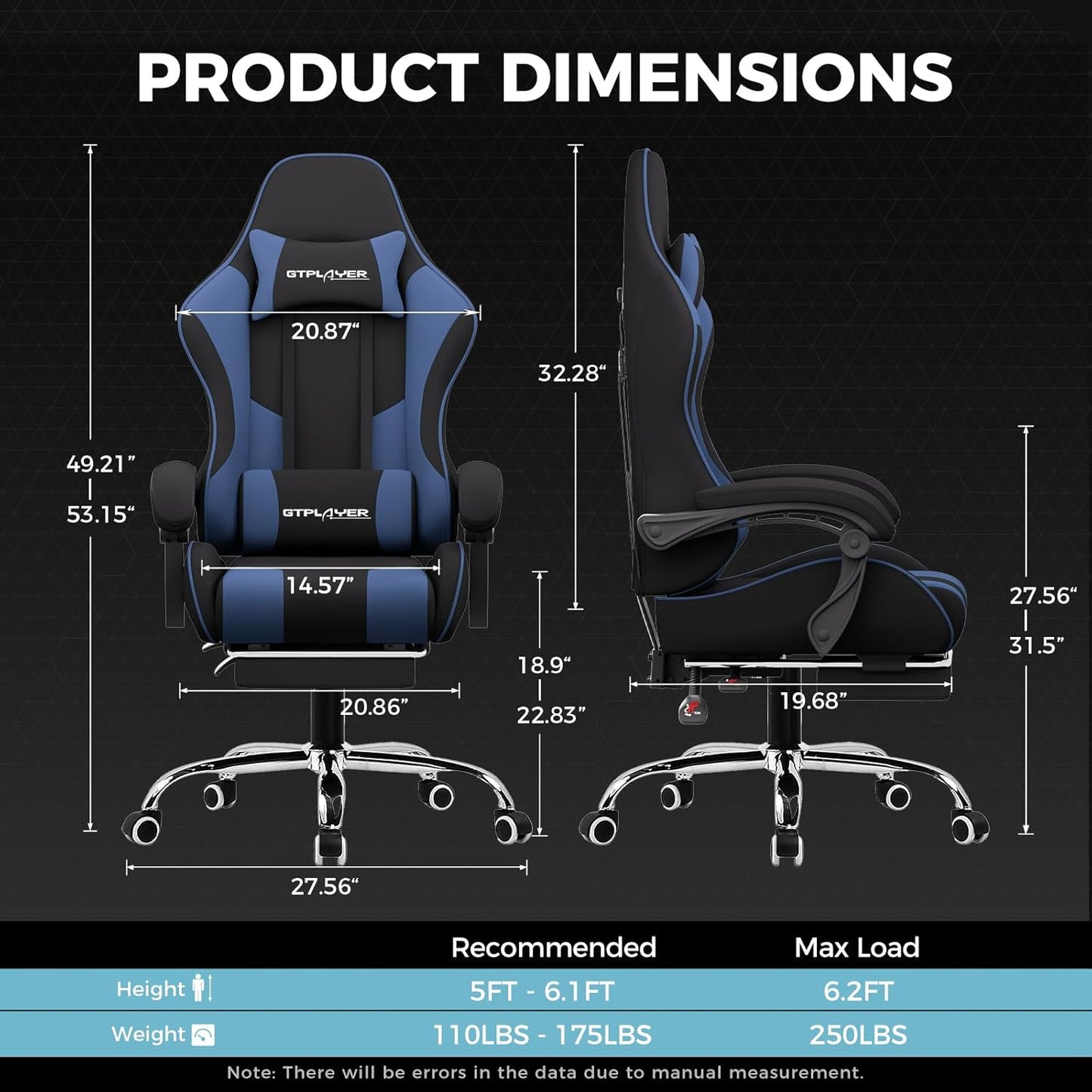 GTPLAYER Gaming Chair, Computer Chair with Footrest and Lumbar Support, Height Adjustable Game Chair with 360°-Swivel Seat and Headrest and for Office or Gaming (Blue, Fabric)