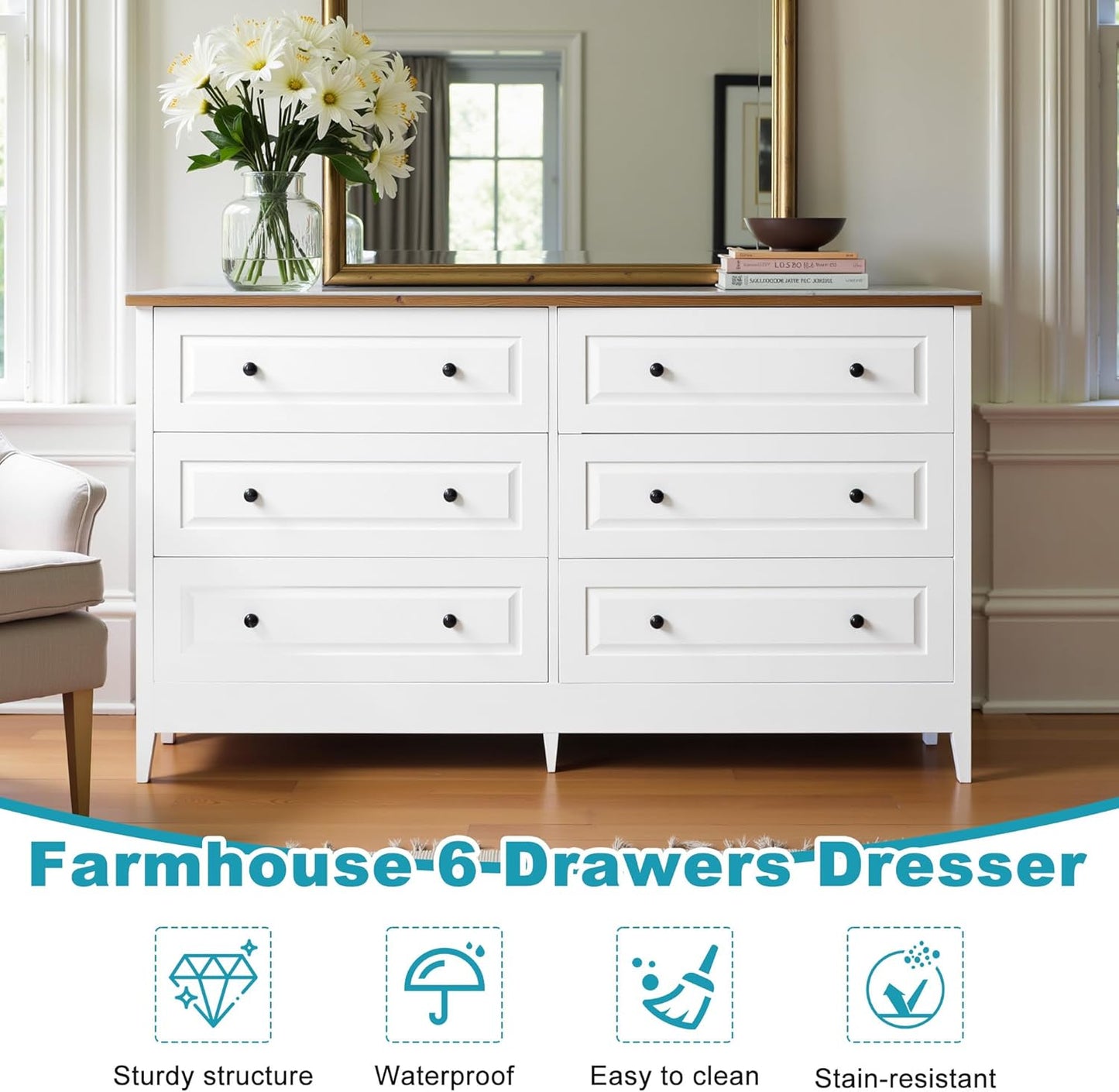 Farmhouse 6 Drawers Dresser for Bedroom, 55.5" Wide Wood Chest of Drawers with Metal Handle, Tall Storage Dressers Organizer for Living Room, Hallway, Ivory White