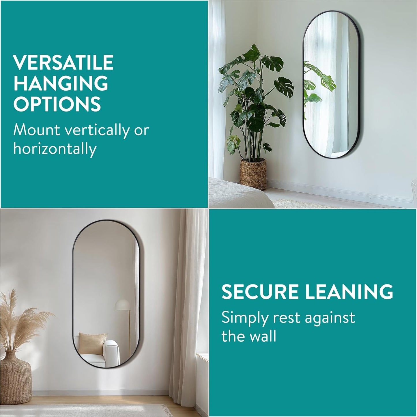 Navaris Full Length Arch Mirror, Black - Large Size for Complete Reflection - Mirrors for Bedroom, Living Room, Bathroom or Hallway - Wall Hanging or Free Standing on Floor Option