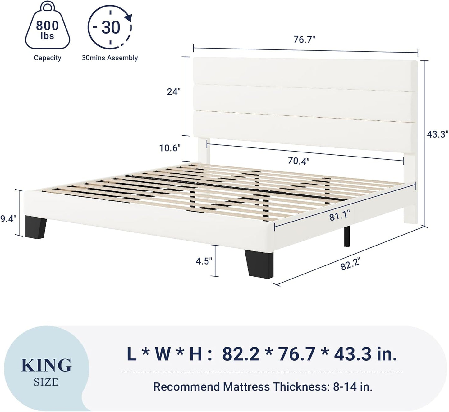 Allewie King Size Platform Bed Frame with Velvet Upholstered Headboard and Wooden Slats Support, Fully Upholstered Mattress Foundation/No Box Spring Needed/Easy Assembly, White