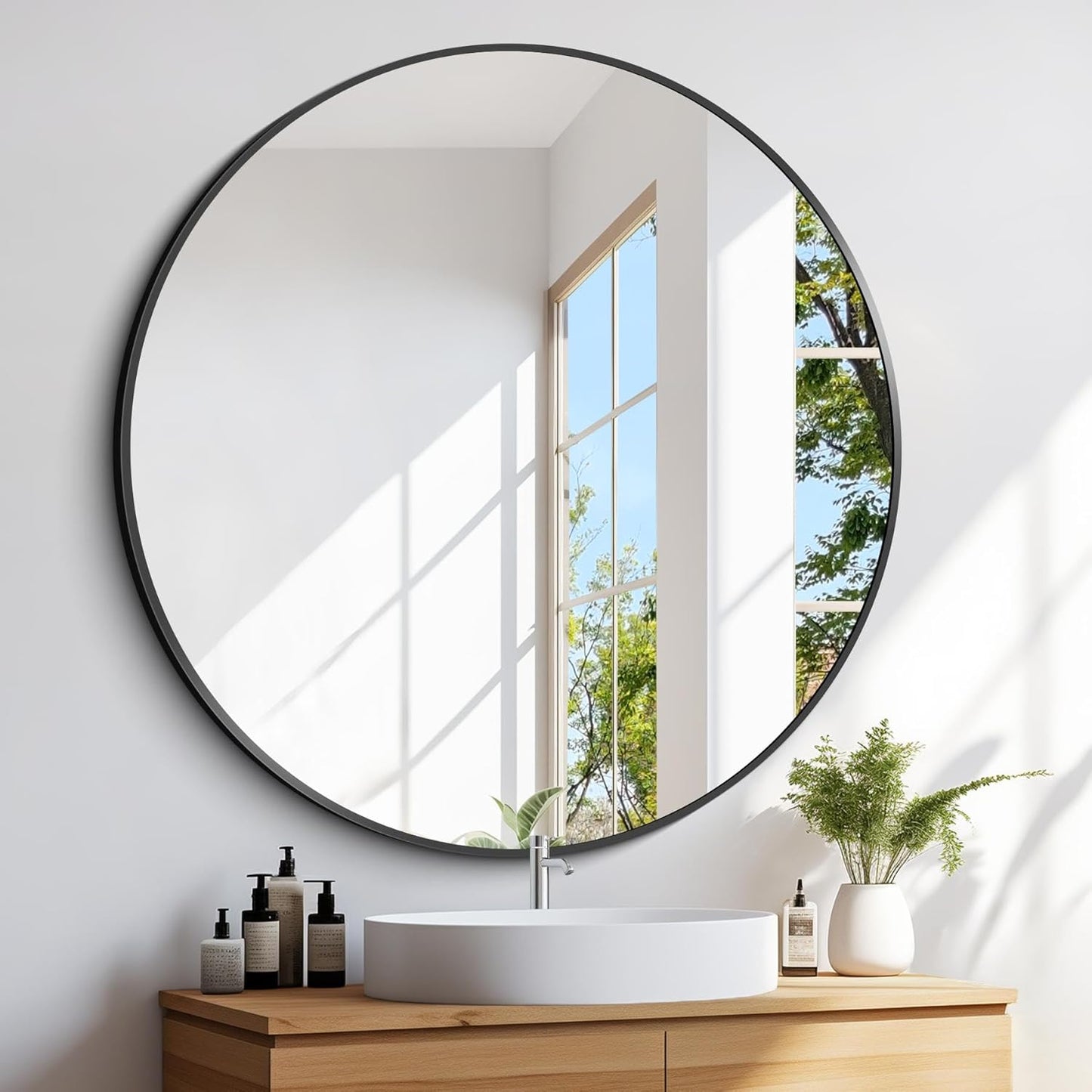Black Round Mirror 39 inch Large Circle Mirror, Aluminum Alloy Metal Frame Bathroom Mirror, Round Wall Mirror, Circle Mirrors for Wall Entryway Bedroom Living Room