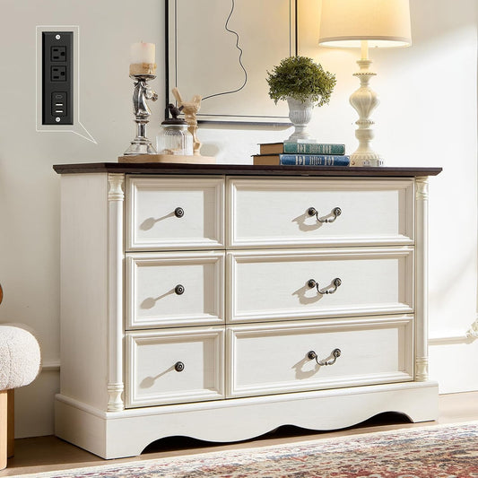 Farmhouse 6 Drawers Dresser for Bedroom with Charging Station, Wood Country Rustic Storage Dressers Organizer, Vintage Design Chest of Drawers for Bedroom, Living Room