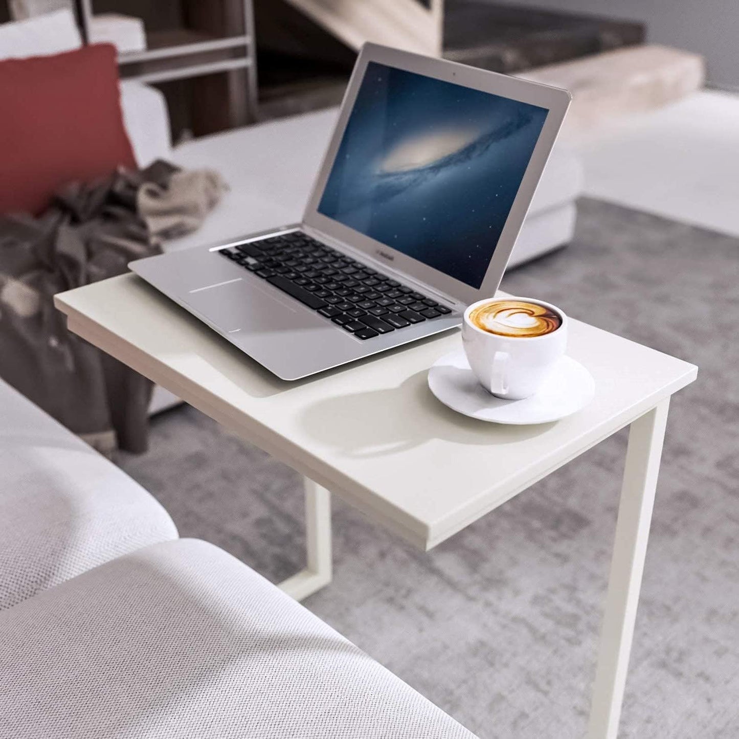 Sofa C Side End Table Wood Accent Couch Coffee Tray Snack Notebook Laptop Holder Over Bed Stand Reading Desk White Color 22x14x27 Inch Space Saving for Living Room Bedroom
