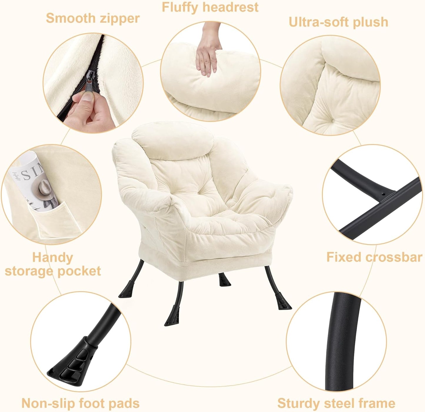 Fabric Lazy Chair for Adults, Oversized Upholstered Sofa Chair, Plush Comfy Lounge Chair with Large Side Storage Pocket, Thick Padded Reading Chair for Living Room, Bedroom, Study Room, Beige