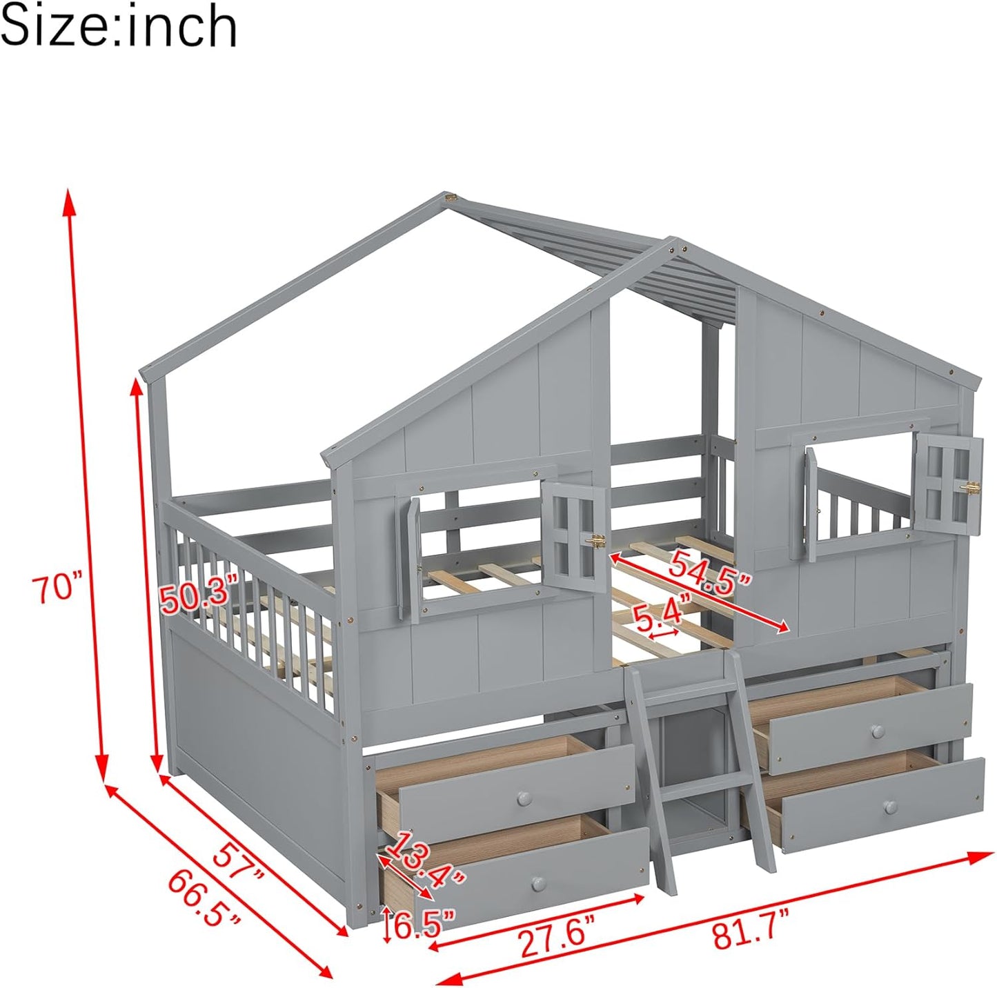 KEIKI Full Size Wooden House-Shaped Loft Bed with Roof, Windows, 4 Storage Drawers, Guardrail, Ladder, for Boys and Girls, Loft Bed with Slats, Easy Assembly, No Box Spring Required, for Bedroom, Grey