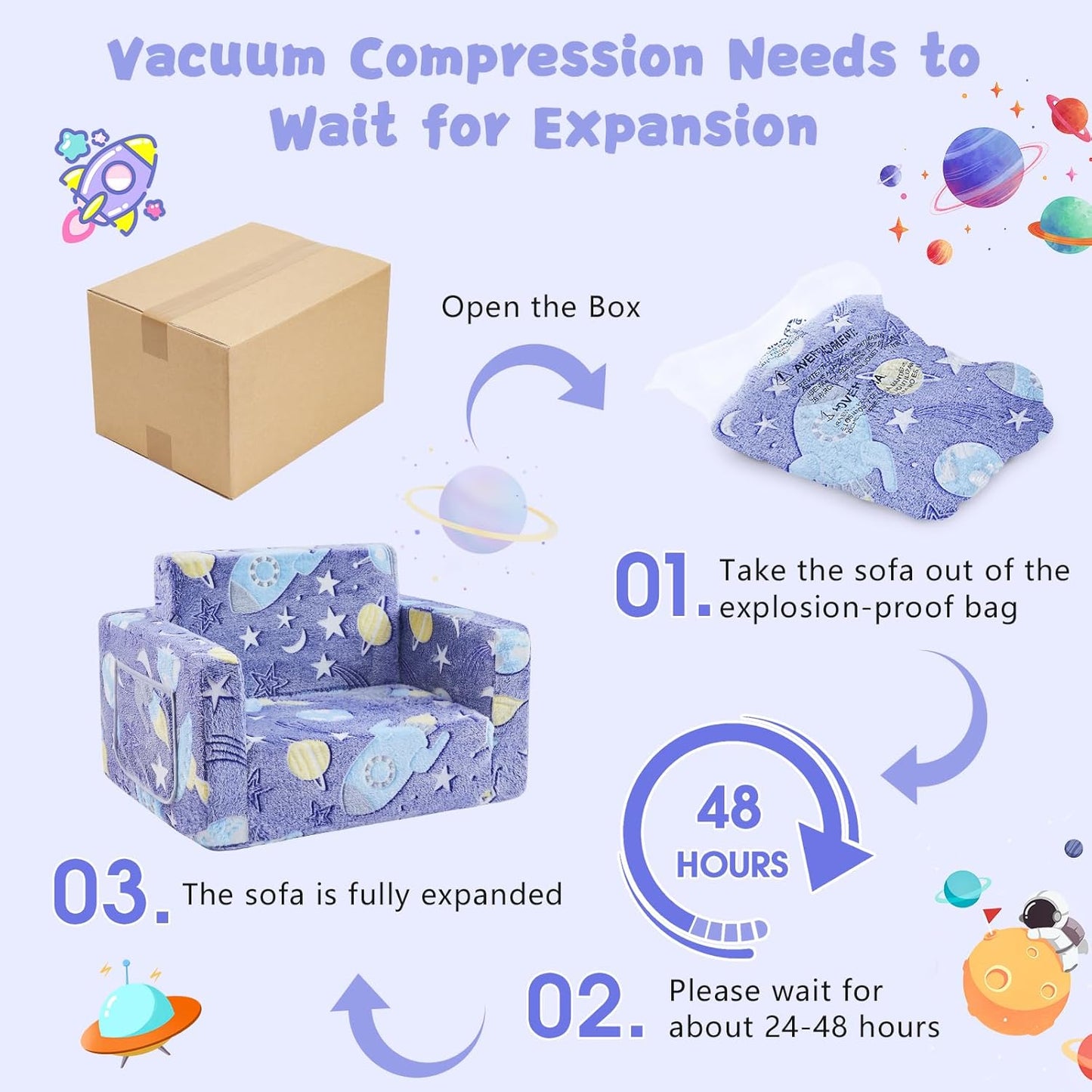 Toddler Couch,Toddler Chair,2-in-1 Baby Seat Furniture Fold Out, Convertible Sofa to Lounger Comfy Glow in The Dark Sofa Bed,Gifts for Kids Girl Boys,Rocket,Medium