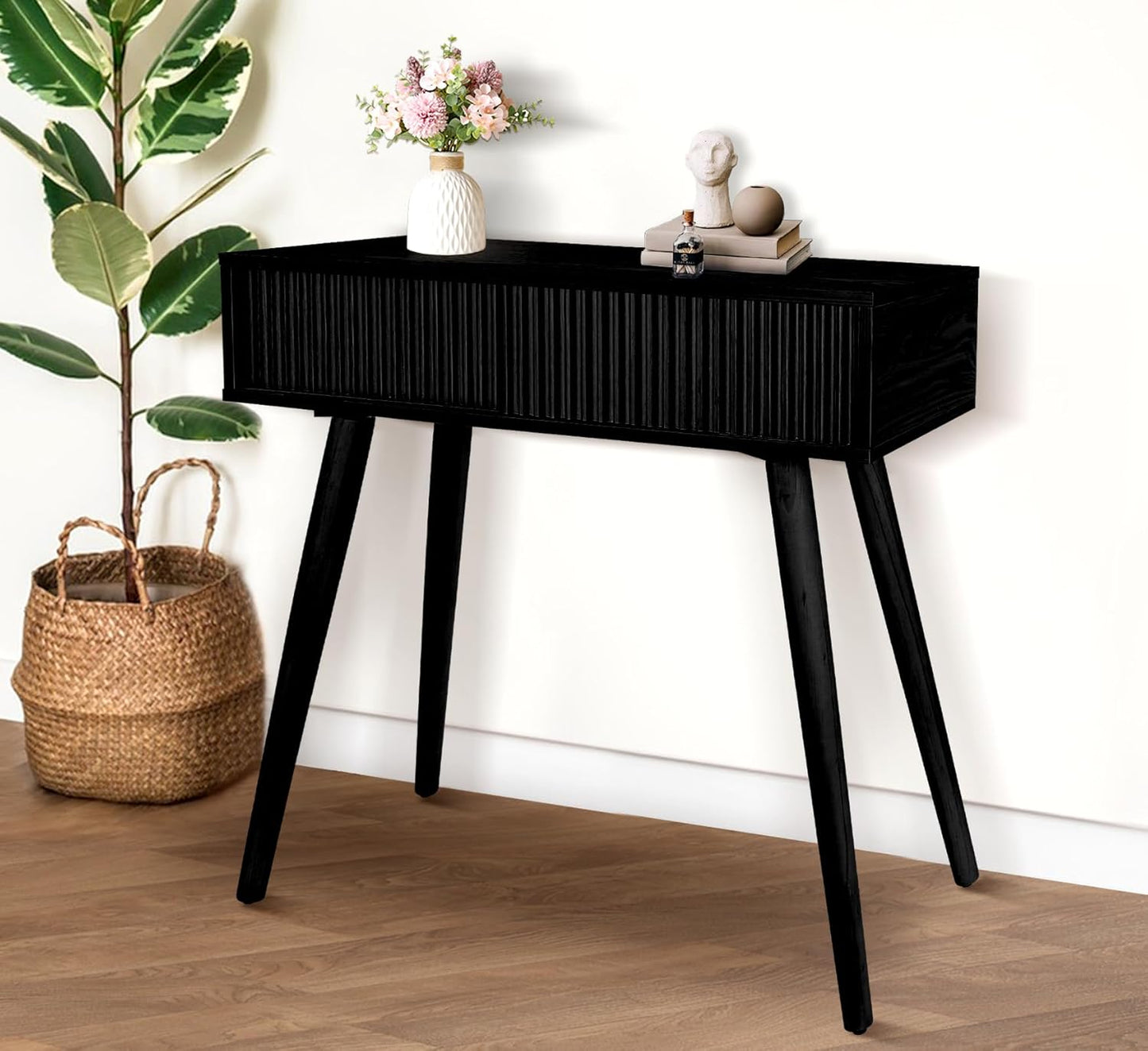 Console Table, Small Console Tables for Entryway, 31" Vanity Desk Fluted Dresser Side Table, Black Entry Table Narrow Console Table Modern Hallway Table Modern Sofa Table for Living Room(Black)
