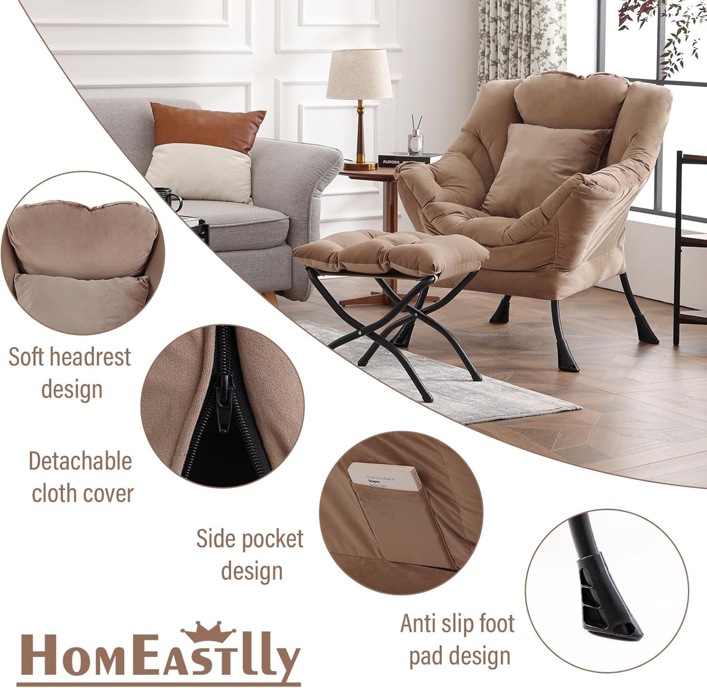 Lazy Chair with Ottoman, Reading Chair with a Pillow, Leisure Sofa Armchair with Ottoman, Large Accent Lounge Chair for Bedroom, Living Room, Dorm Room, Velvet Khaki