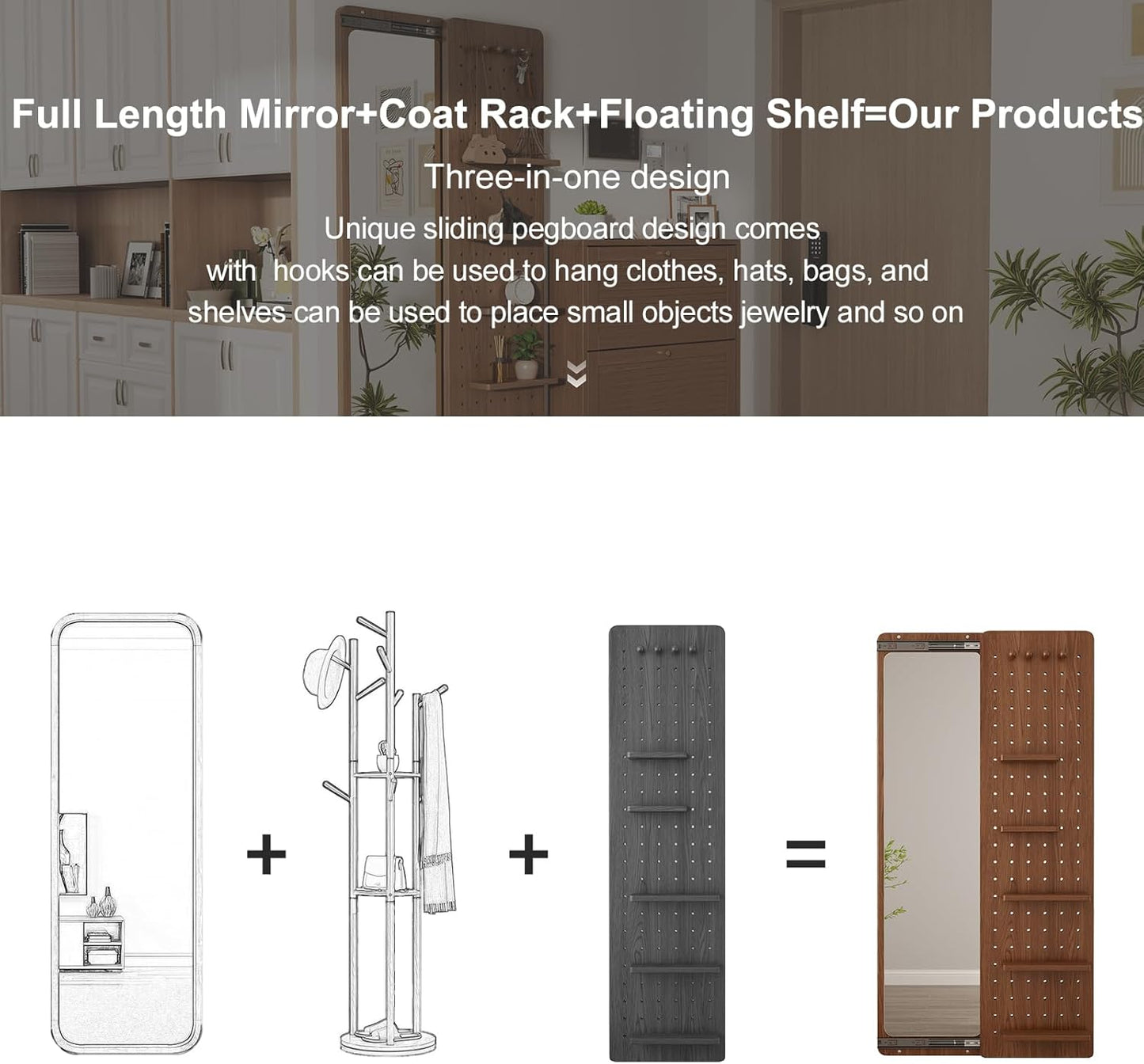 KungFuWood Full Length Mirror with Shelf and Hooks,Entry Way Mirrors for Wall,Wall Mirror with Shelf,Wall Mirror with Storage Multifunctional Design Panel,Living Room