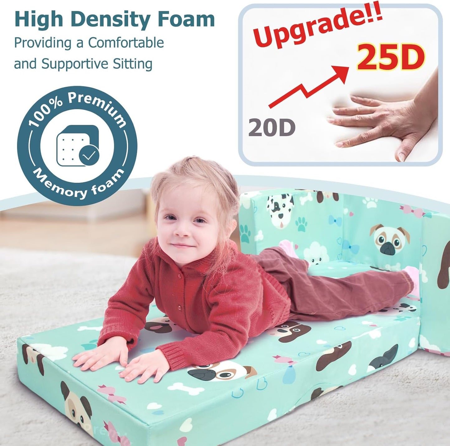 Kids Couch, 2-in-1 Kids Fold Out Sofa, Convertible Toddler Couch to Lounger for Girls and Boys, Soft Toddler Chairs Comfy 1-3 Years Old (Green Dog)