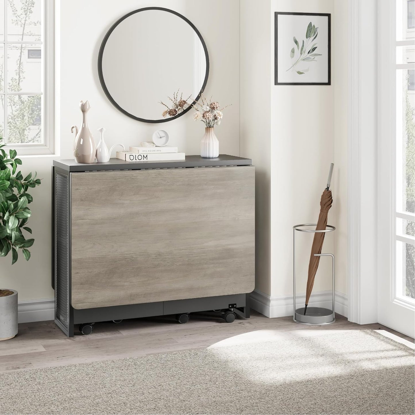 IDEALHOUSE Folding Dining Table, Drop Leaf Dining Table with 6 Wheels and 2-Layer Storage Shelf, Space Saving Dining Table for Small Spaces (Carlo Grey, 50.1" D x 31.4" W x 29.5" H)