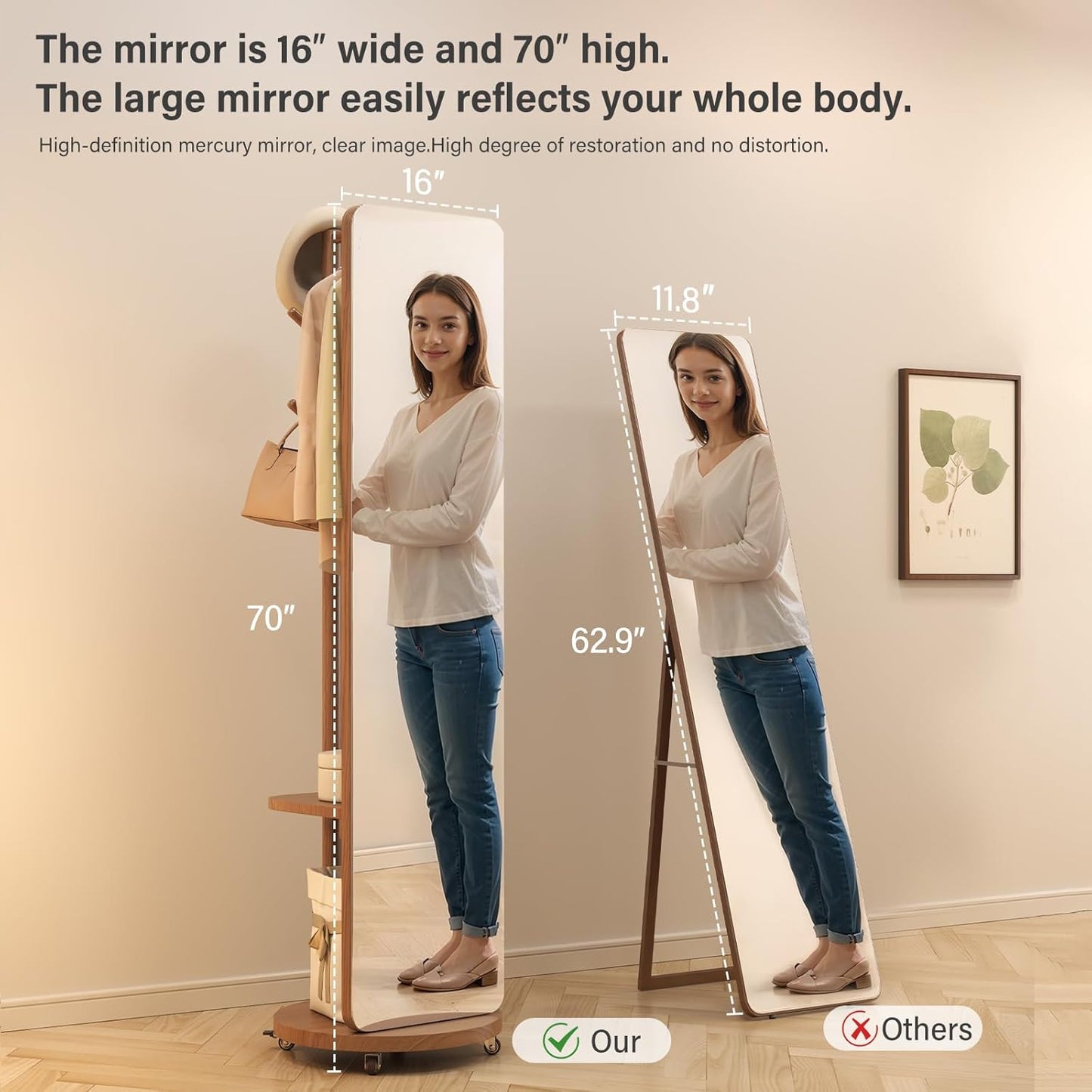 70"x16"Full Length Mirror with Stand,Coat Rack with Mirror,Solid Wood Floor Mirror,Swivel Mirrorfor Bedroom, Living Room, Cloakroom
