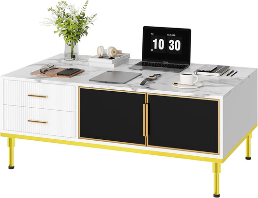 GAOMON Coffee Table for Living Room, Faux Marble Coffee Table with 4 Drawers and Glass Doors Storage, Modern Aesthetic Fluted Panel Design, White & Gold