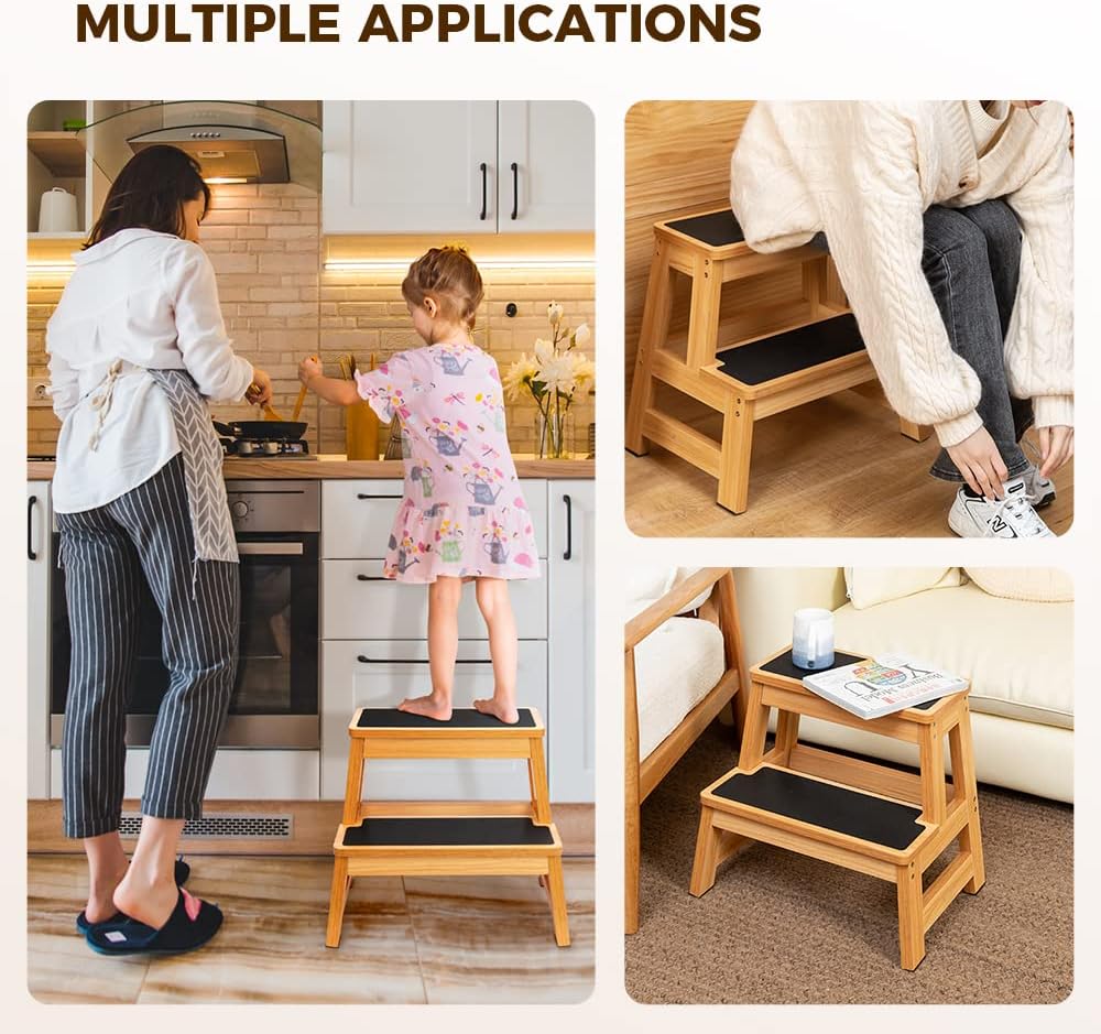 StrongTek Wood Step Stool for Adults and Kids, 17 Inch Tall, Non-Slip Step Surface, Heavy Duty, Two Step for Kitchen, Bed, Bathroom, 500 lbs Capacity
