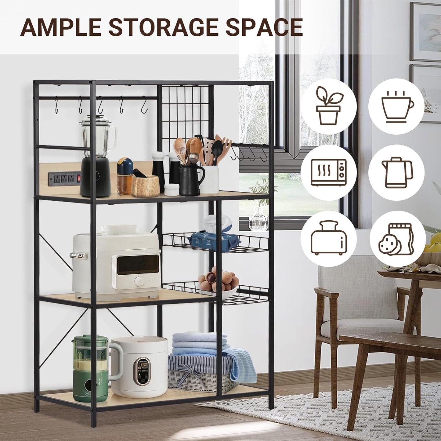 Bakers Rack with Power Outlet, Microwave Stand with Storage, Coffee Bar Organizer Cabinet with Wire Basket, Kitchen Shelf for Spices, 10 Hooks, Industrial, White Maple