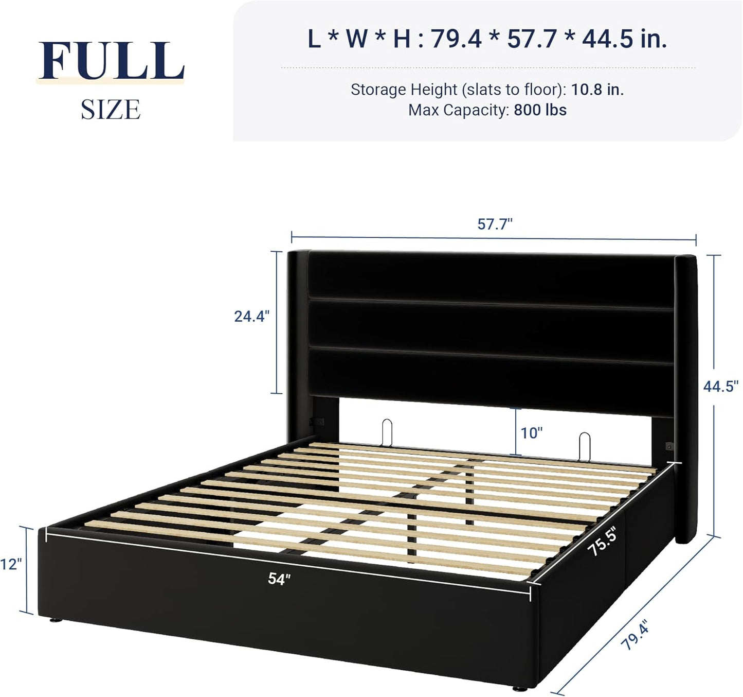 Allewie Full Size Velvet Lift Up Storage Bed, Modern Wingback Headboard, Hydraulic Support, No Box Spring Needed, Black