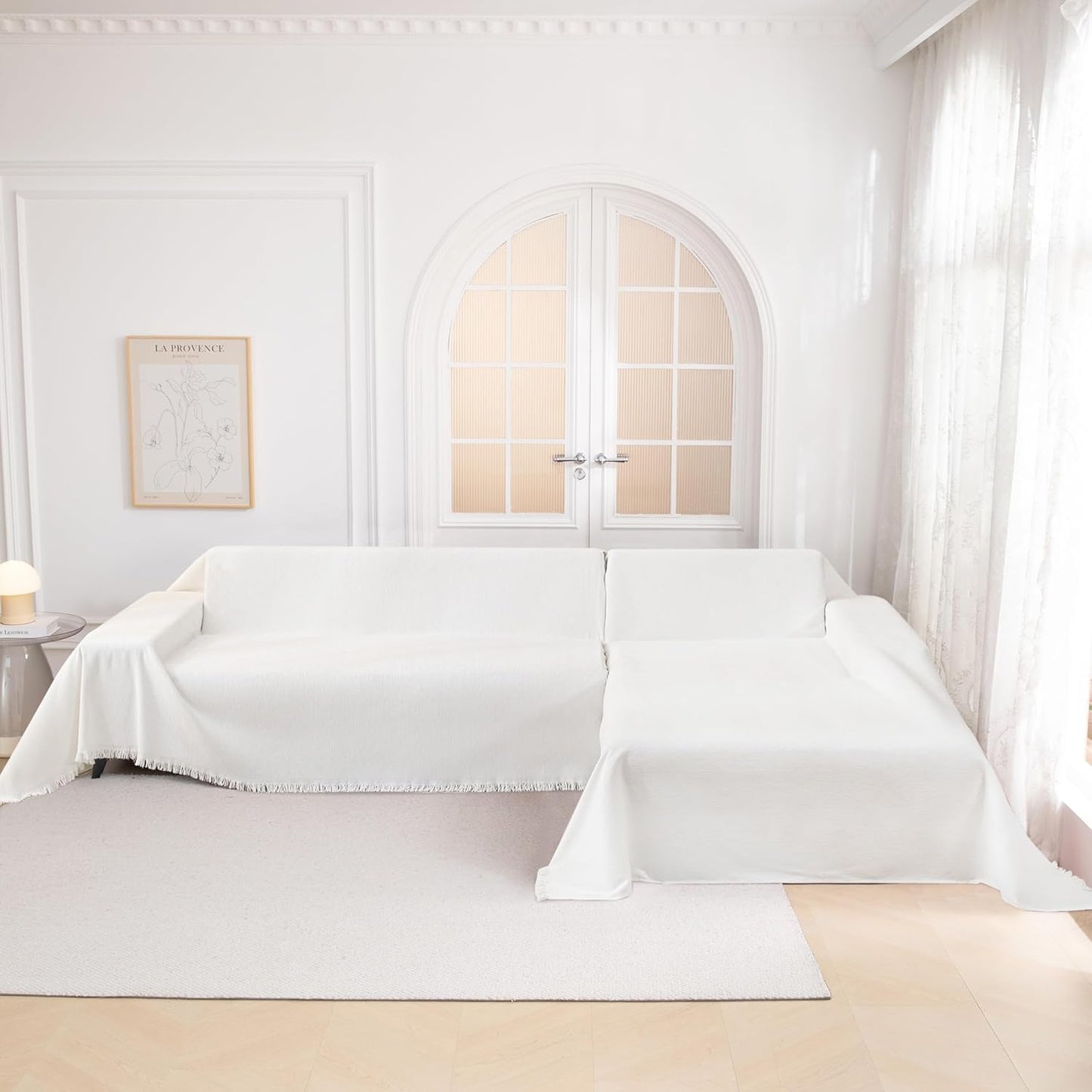 MYSKY HOME Oversized Sofa Cover for 3 Cushion L Shaped Sectional Couch, Pet Friendly Non Slip Furniture Protector for Kids, Dogs, 91"x150", White