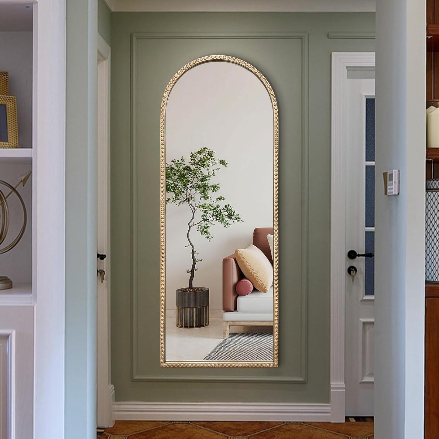 Large Arched Mirror, 20"x53" Gold Arch Floor Mirrors for Dressing, Metal Beaded Frame Decorative Accent Mirror, Ornate Vintage Mirrors for Living Room Bedroom Bathroom Entryway