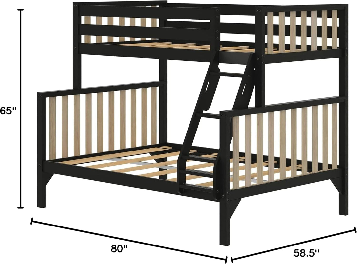 Max & Lily Bunk Bed, Scandinavian Modern Bunk Bed, Solid Wood Twin Over Full Bed Frame for Kids, No Box Spring Needed, Black/Blonde
