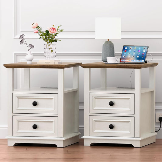 18" Wide End Table with Fast Charging Station Set of 2, 18” Wide Sofa End Table with Drawers,Storage Rustic Wood Storage Cabinet,Sofa Table for Living Room,White
