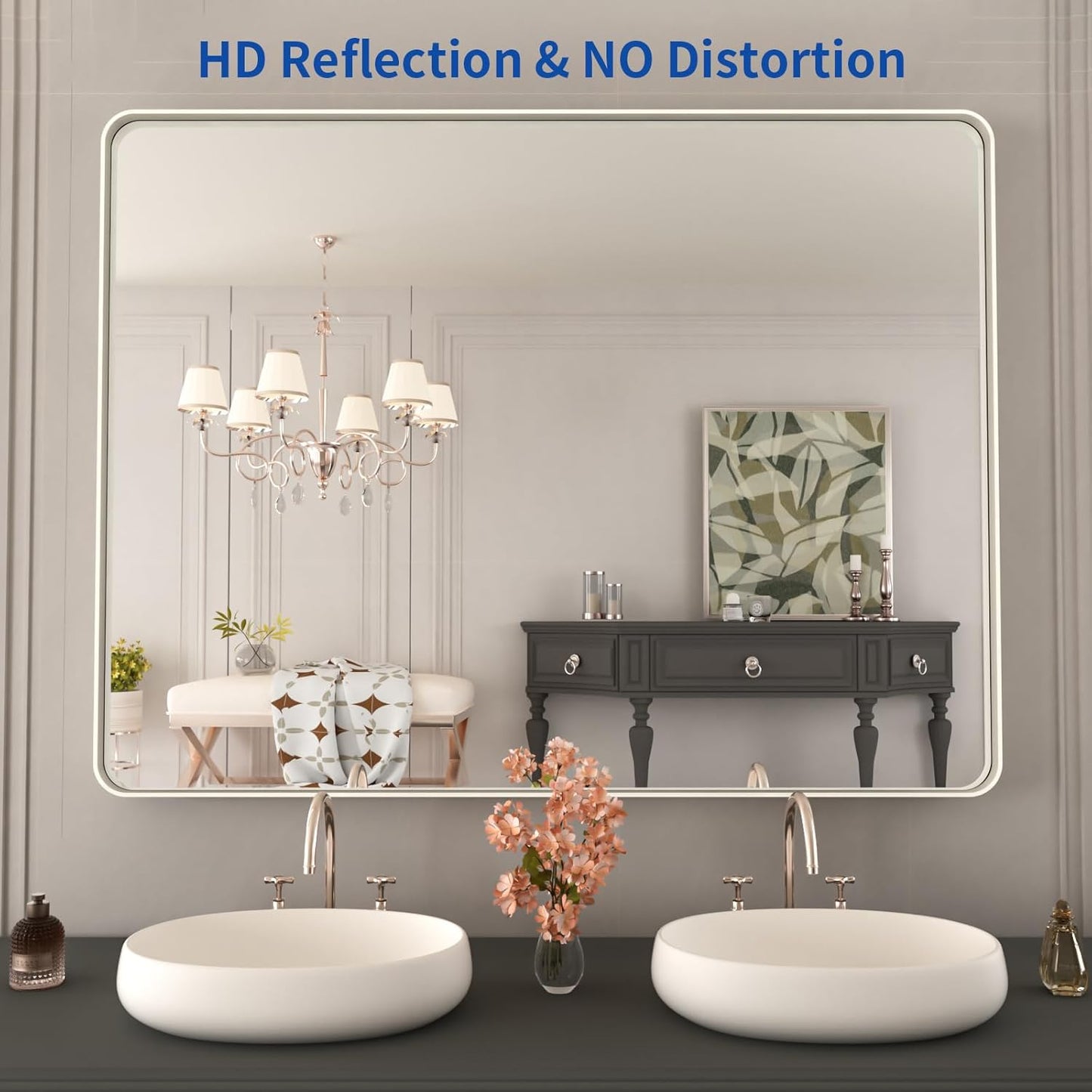 WEER 40X30 Inch Brushed Nickel Bathroom Mirror, Brushed Silver Metal Frame Mirror, Rounded Rectangle Silver Bathroom Vanity Mirror, Tempered Glass, Anti-Rust, Hangs Horizontally or Vertically
