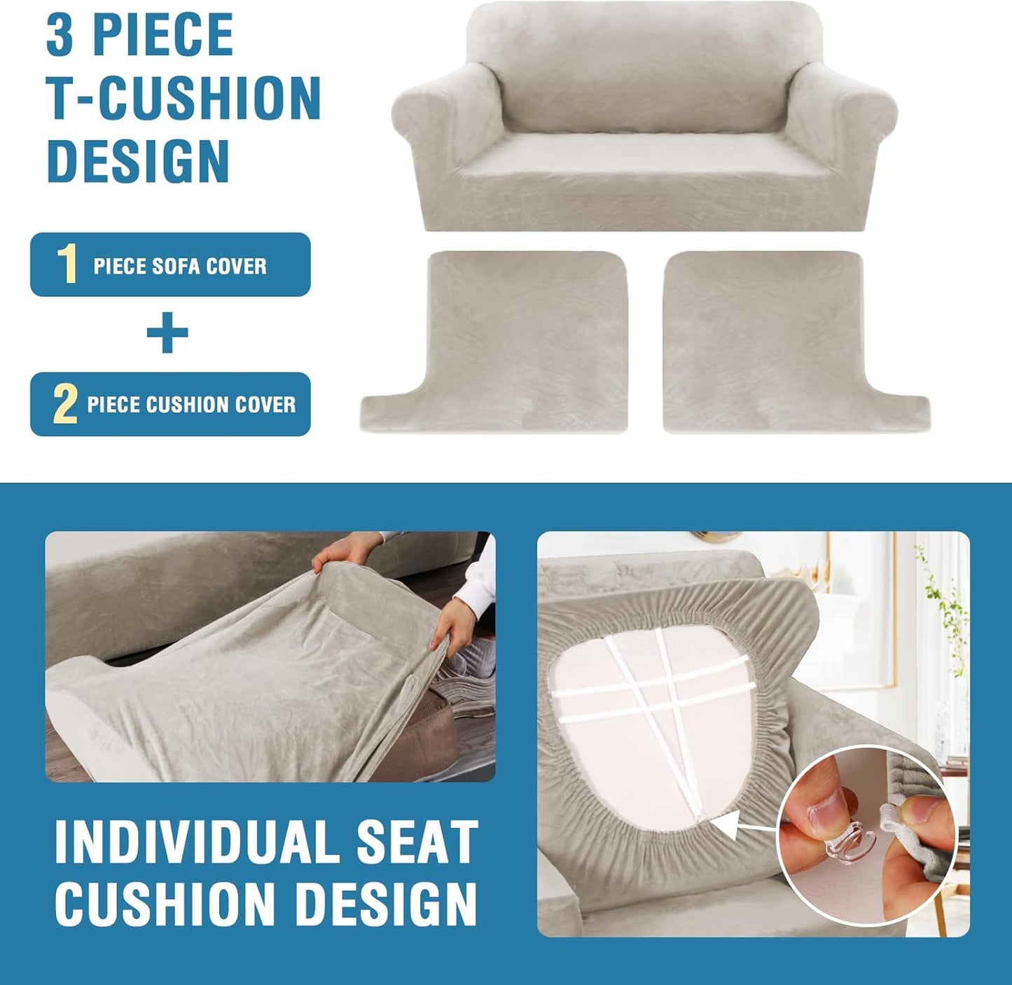 H.VERSAILTEX Sofa Cover 3 Piece T Cushion Loveseat Slipcovers Thick Velvet Couch Cover Stretch T Cushion Sofa Covers for 2 Cushion Couch with 2 Individual T Cushion Covers, French Oak