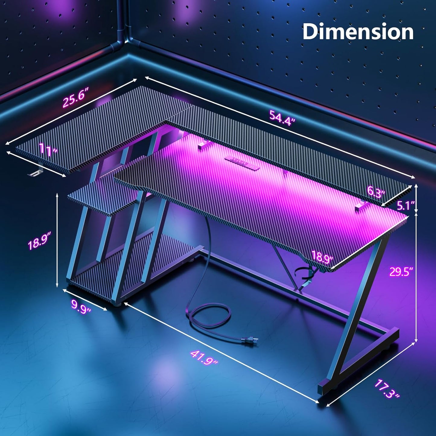 55 Inch Gaming Desk with Power Outlet & LED Lights, L Shaped Gamer Computer Table with Storage Shelves for Bedroom, Corner Home Office Desk, Carbon Fiber Black