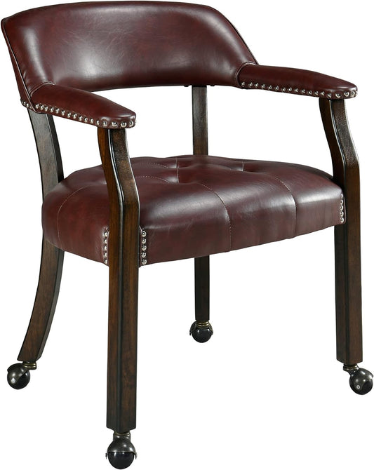 LEEMTORIG Dining Chairs with Casters and Arm, Large Rolling Dining Chairs with Wheel, Poker Table Chairs, Boss Caption's Chairs, 26"D x 25.2"W x 31.5"H, Espresso Legs & Wine Red Brown PU, XXY-1910-WR