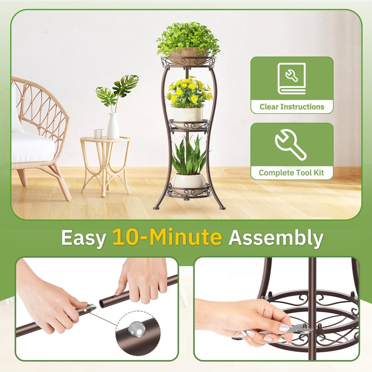 KMOTASUO 3 Tier Tall Plant Stand Indoor Outdoor for Large Planter, Multiple Level Flower Holder Organizer Rack for Patio Office Bathroom Corner, Sturdy Heavy Duty Metal, Vertical Display, Bronze