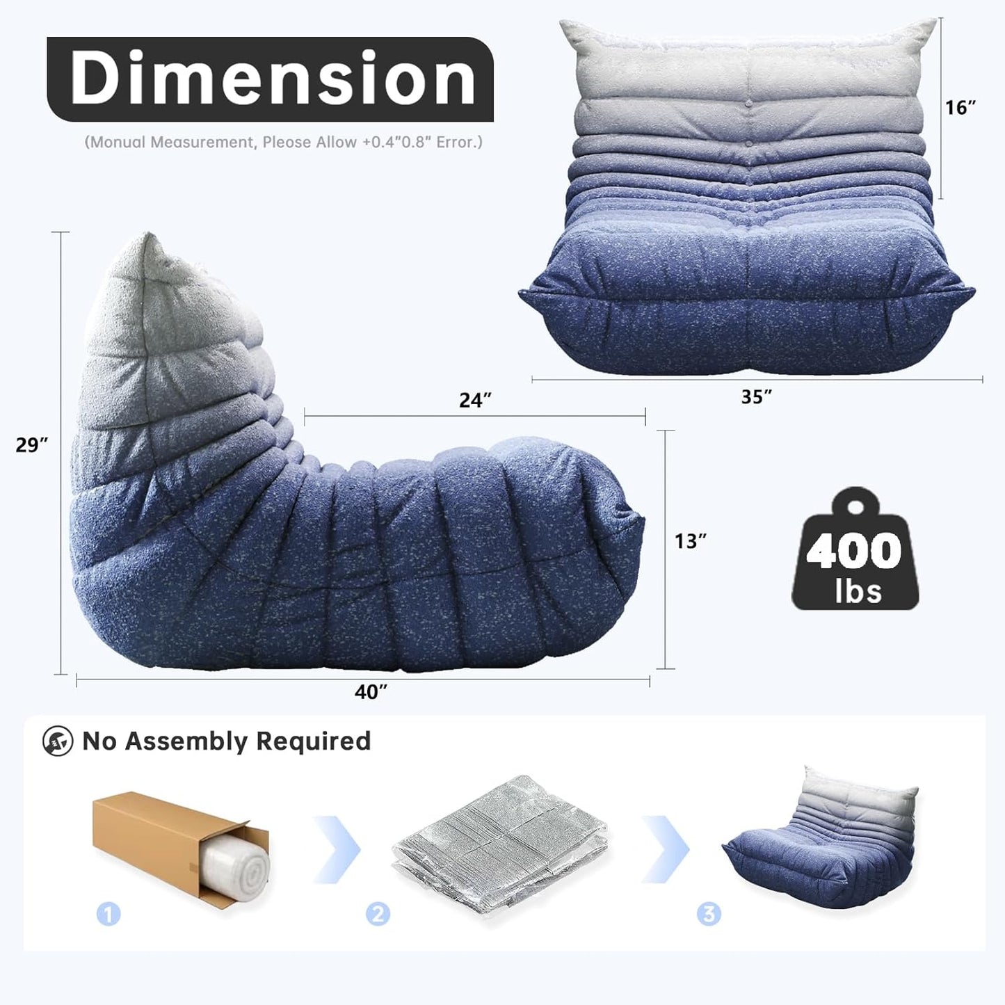 Bean Bag Chairs for Adults, BeanBag Reading Chair Memory Foam Couch, Floor Chair Soft Teddy Material, Comfy Reading Nook Chairs for Bedroom Living Room Office (Blue White)