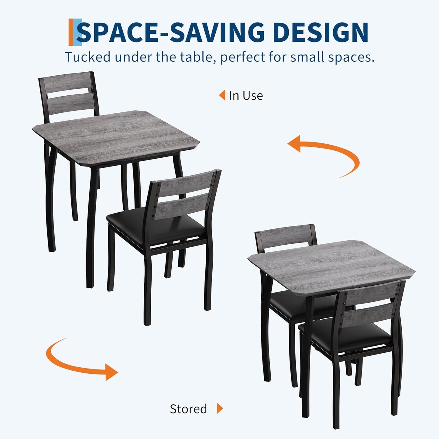 GAOMON Dining Table Set for 2, 3 Piece Small Kitchen Table and 2 Upholstered Chairs with Metal Frame & Wood Grain Tabletop for Small Space, Apartment, Kitchen, Dining Room, Black/Grey