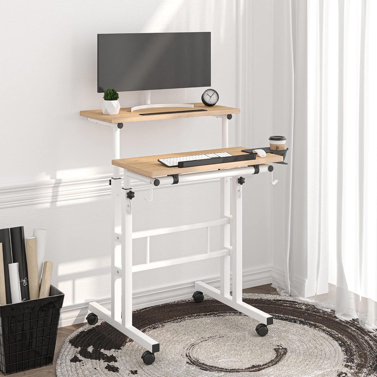 Klvied Mobile Standing Desk with Removable Cup Holder, Portable and Easy to Move, Ideal for Home or Office, Khaki