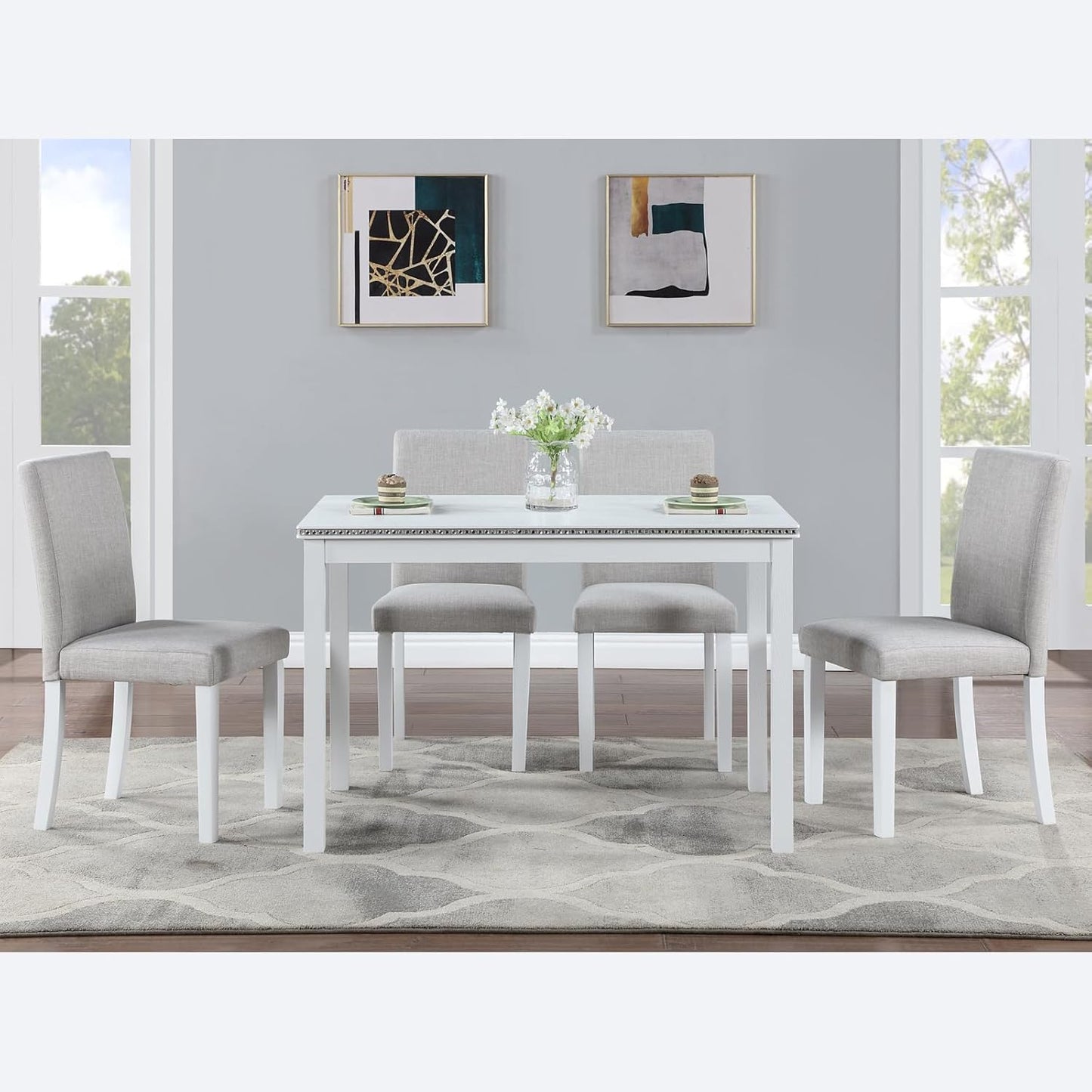 Ball & Cast 5 Piece Dining Table Set,Kitchen Table Set for 4 W/ 45.5" Rectangular Wooden Dining Table,Living Room Furniture W/ 4 Upholstered Chairs,for Dining Room,Kitchen,White