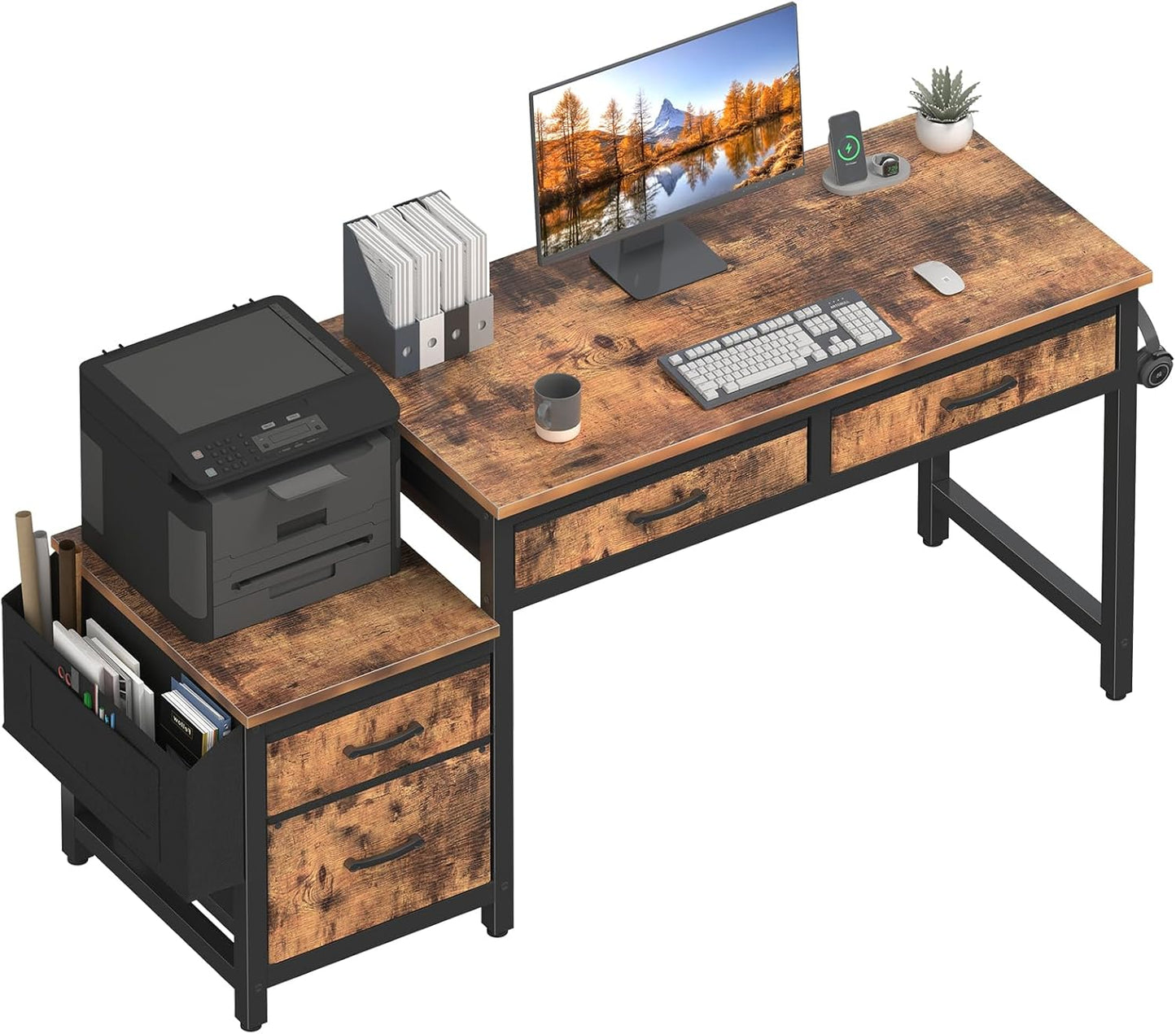 Lufeiya Computer Desk with Fabric File Drawers Cabinet, 57 Inch Home Office Desks with Filing Cabinet Printer Stand for Small Space, Study Writing Table PC Desks for Bedroom, Brown