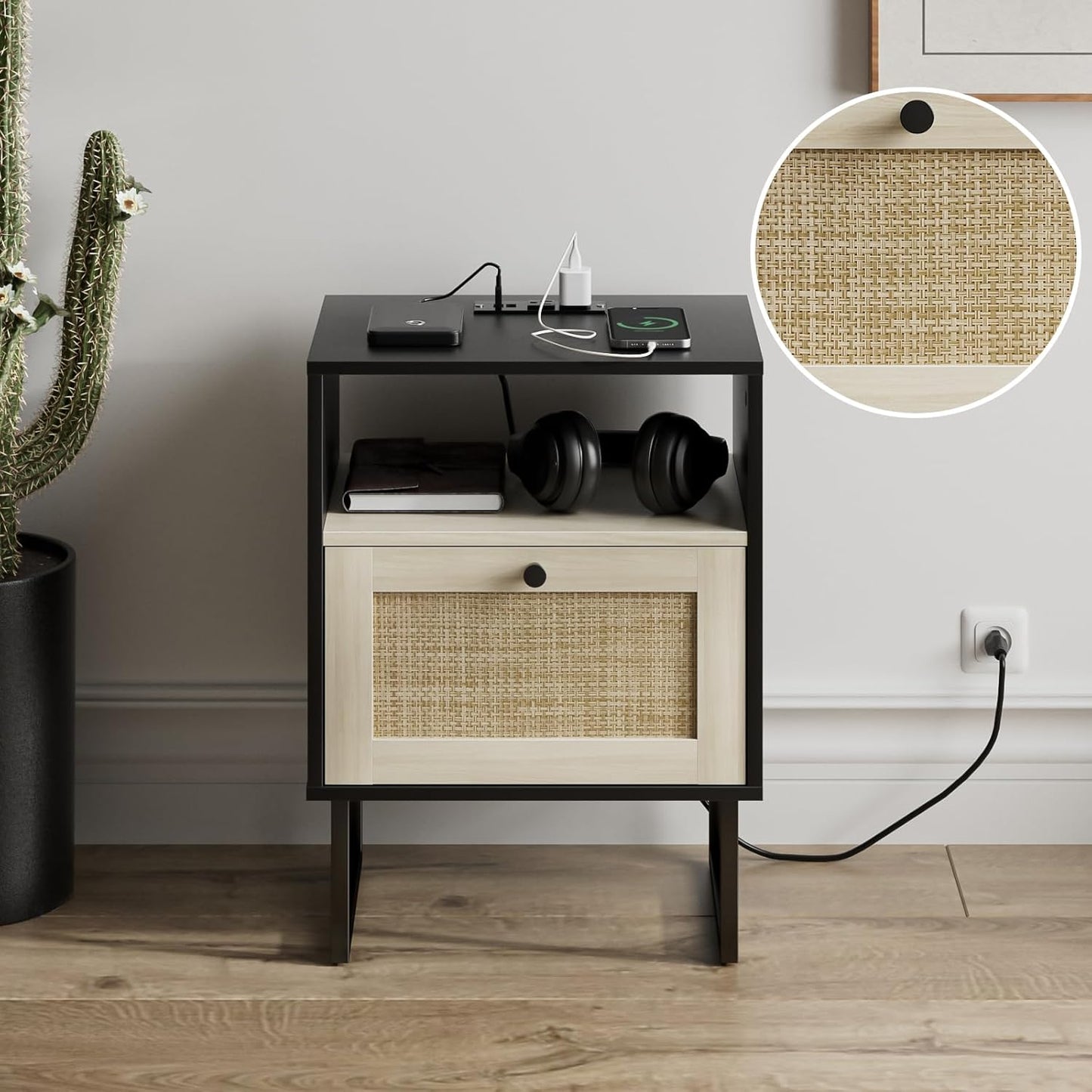 Masupu Boho Night Stand, Small Rattan Side Table, Wood Nightstand with Drawer and Charging Station, Bedside Table with White Shelf, End Table for Bedroom,Living Room,Office (Black Mix White)