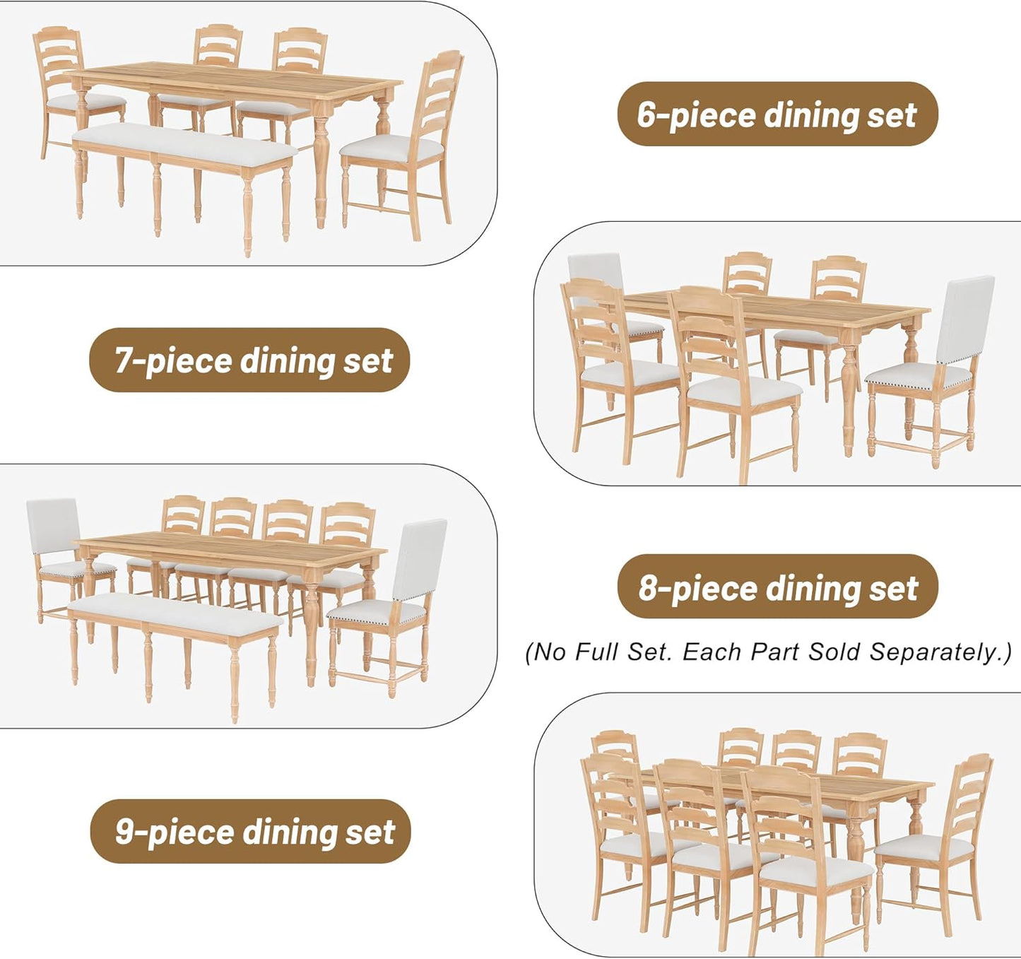 Ball & Cast 9-Piece 82.7inch Extendable Dining Table Set with 23.6inch Removable Leaf and 8 Upholstered Dining Chairs,Vintage Traditional Wood Kitchen Sets for 8,Family Gatherings,Natural