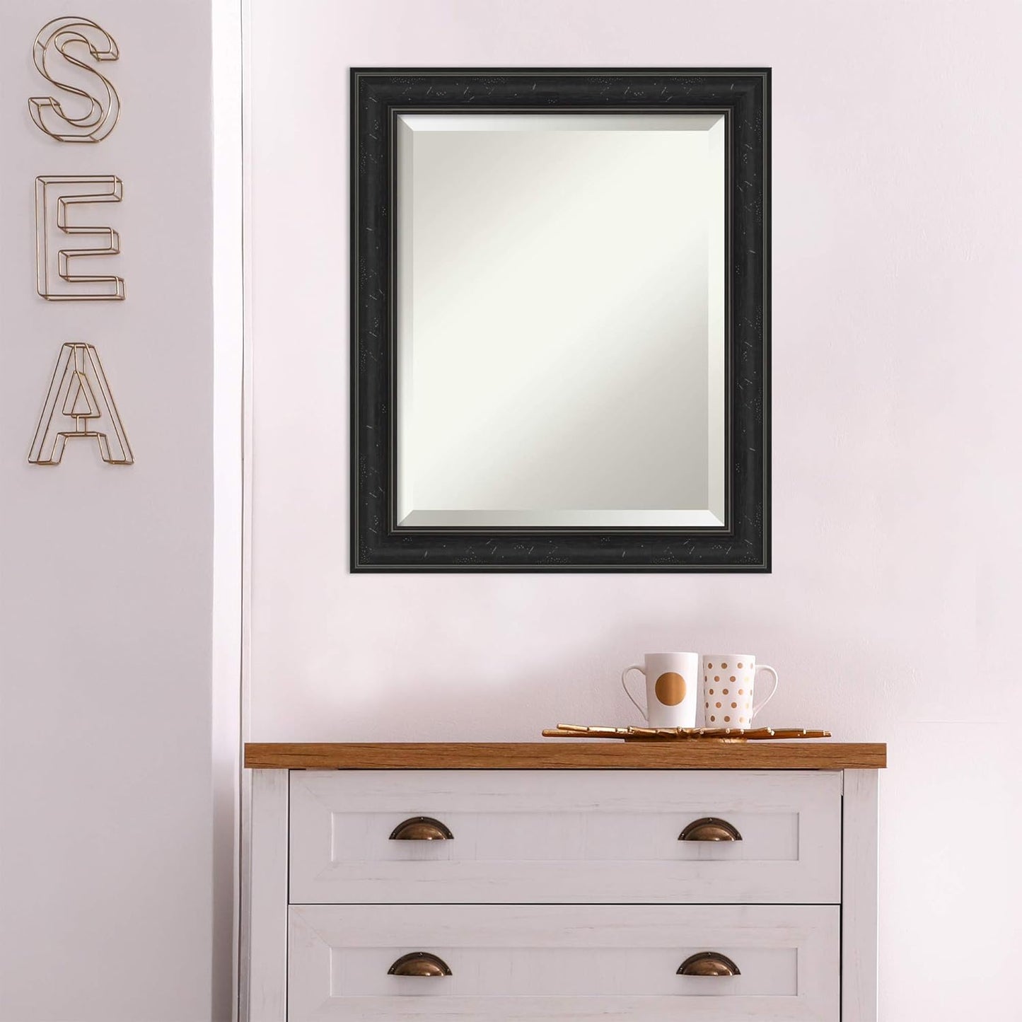 Amanti Art Black Bathroom Mirror for Over Sink, 24x20 Shipwreck Black Narrow Rectangle Vanity Mirror, Small Rustic Farmhouse Frame, Hangs Horizonally and Vertically, Bathroom Wall Decor, Beveled Edge
