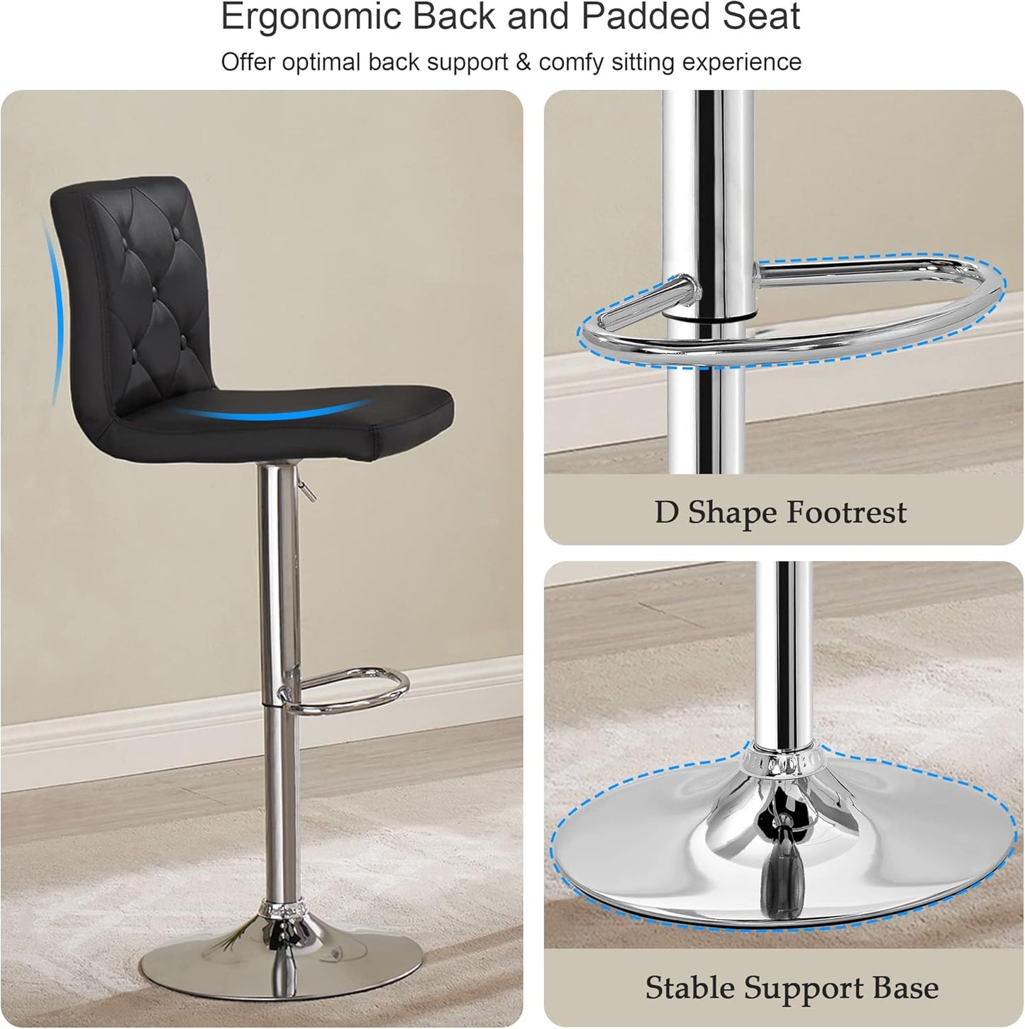VECELO Adjustable Bar Stools Set of 2, Bar Height Stools for Kitchen Counter