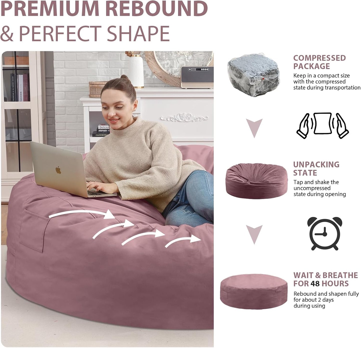 7FT Bean Bag Chair, Large Bean Bag Chairs with Memory Foam Filled, Fluffy Beanbag Sofa with Dutch Velvet Cover, Round BeanBag Chairs for Living Room, Playroom - Dusty Pink