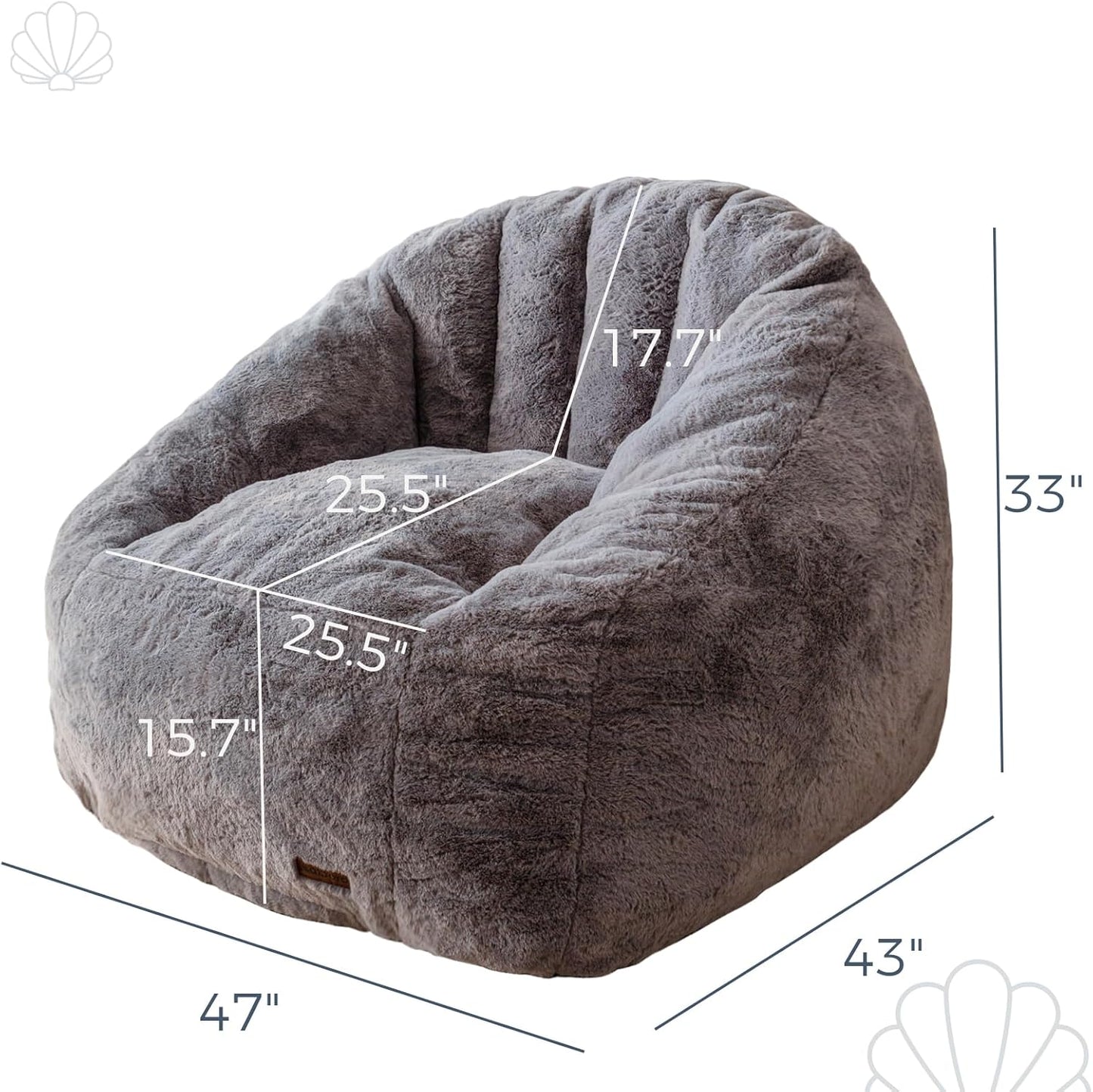 MAXYOYO Giant Bean Bag Chair, Oversized Bean Bag Couch for Adults and Kids, Faux Fur Shell-Shaped Large Chair with Filler, Stuffed Big Accent Sofa Lounge Floor Sofa for Gaming, Reading, Dark Grey
