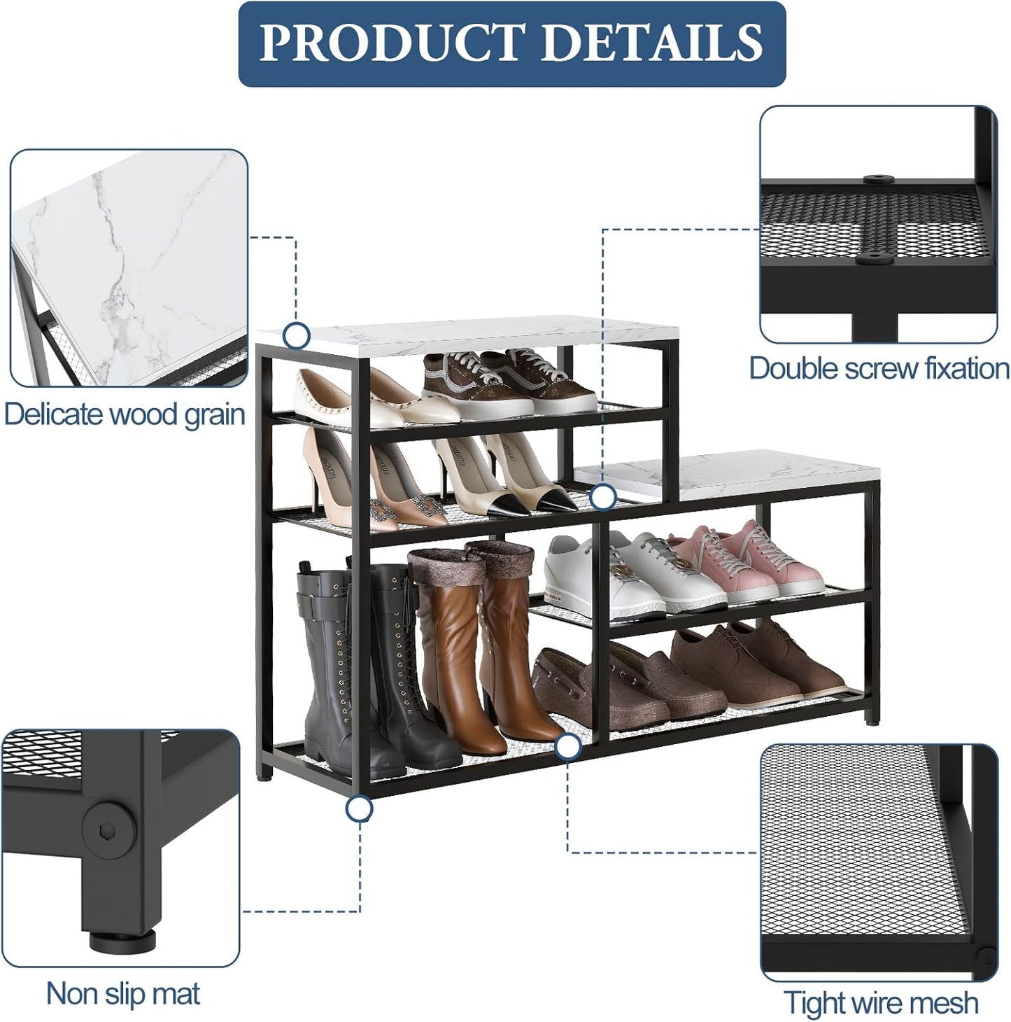 Shoe Rack Bench for Entryway,Free Standing Shoe Storage Organizer for Front Door Entrance,Boot Rack Holder Shelf for Closet with Seat,Sturdy Shoe Shelves for High Heels, Hallways,White Marble