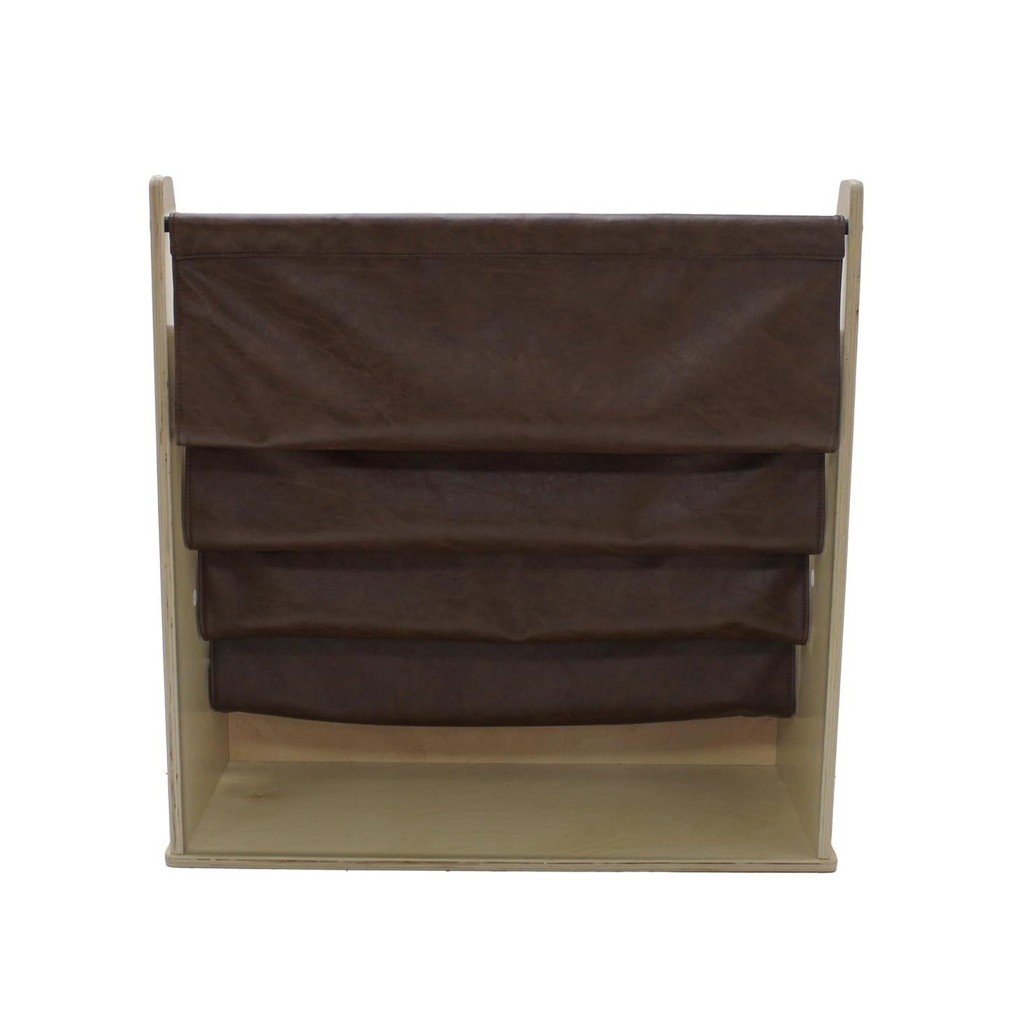 Factory Direct Partners Rustic Kid Birch Sling Book Display; Distressed Faux Leather 4-Shelf Storage for Books or Magazines; Furniture for Bedroom, Playroom, Daycare or Classroom - Walnut, 13745-323