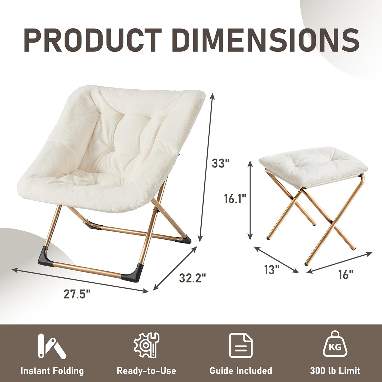 Comfy Oversized Saucer Chair with Ottoman,Soft Faux Fur Reading Lounge Chair for Adults,Stable X-Large Metal Frame and Non-Slip Pad,Cozy Chair for Bedroom, Living Room, Dorm, Office, Beige