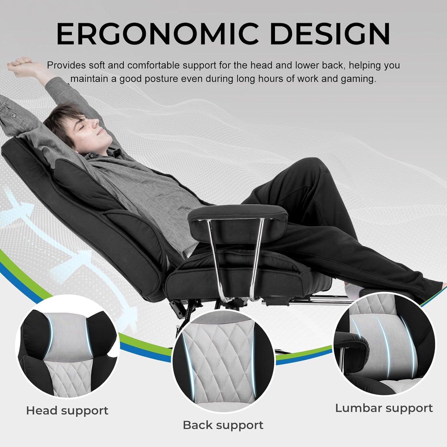GTRACING Gaming Chair,Office Chair with Pocket Spring Lumbar Support, Ergonomic Comfortable Wide Office Desk Computer Chair with Outward Fixed Soft Armrests and Footrest (Fabric, Black & Gray)