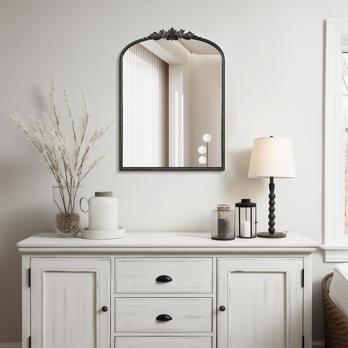 WallBeyond Gold Vintage Mirror for Vanity 22x30 Inch, Black Antique Mirror with Ornate Frame, Arched Vintage Wall Mirror for Bathroom, Living Room, Fireplace, Entryway